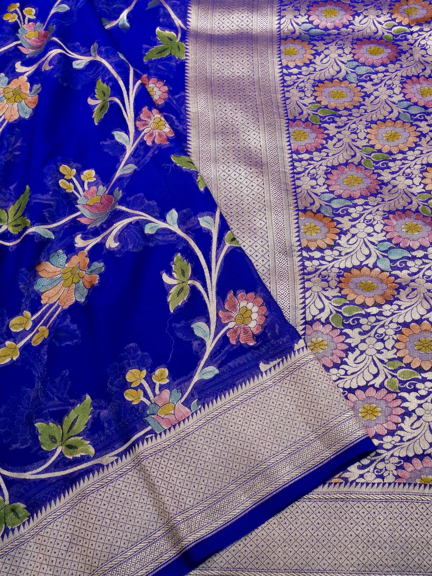 Handwoven Dark Blue Banarasi Khaddi Silk Saree