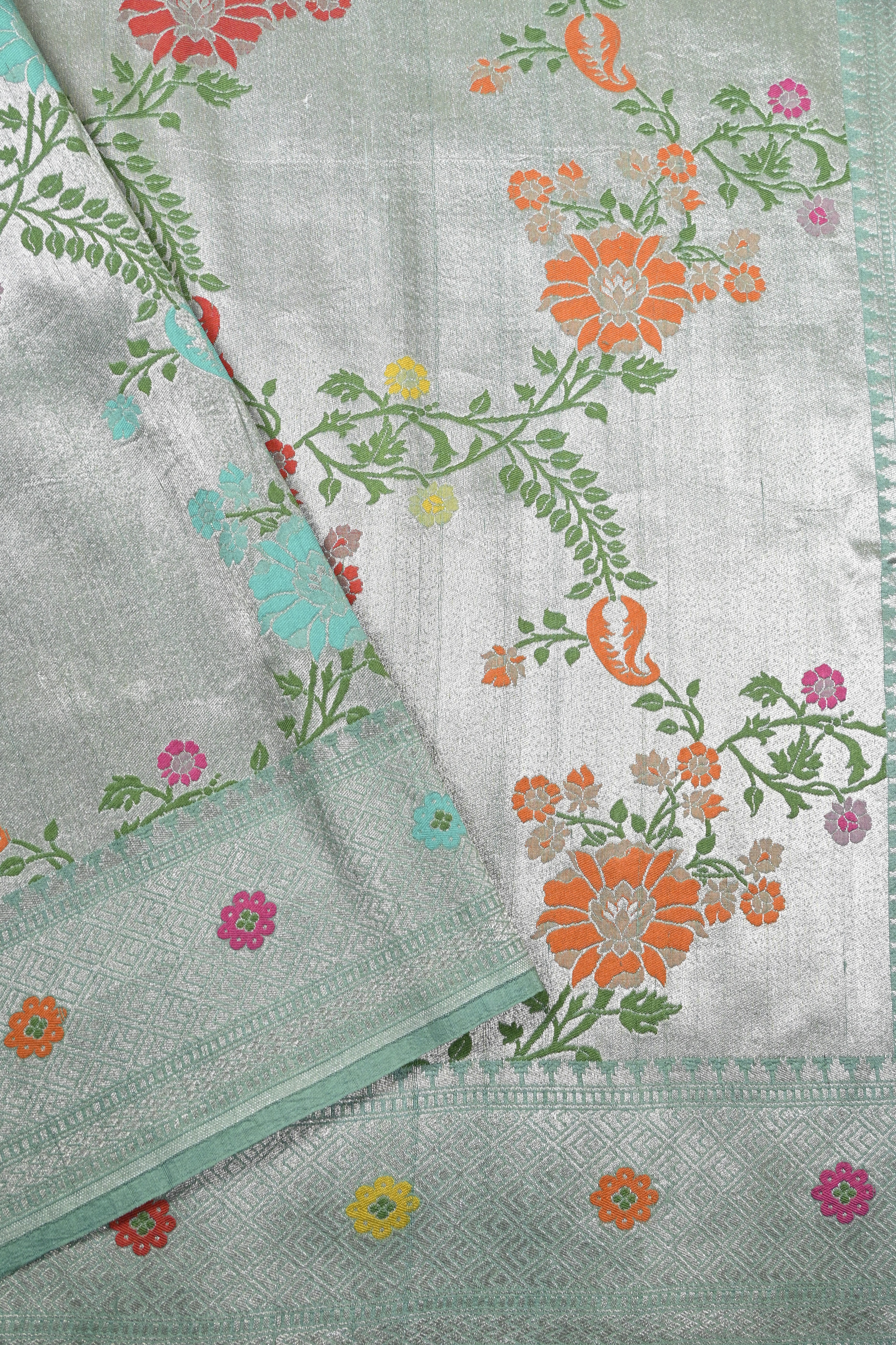 Green Pure Banarasi Tussar Georgette Tissue Silk Saree