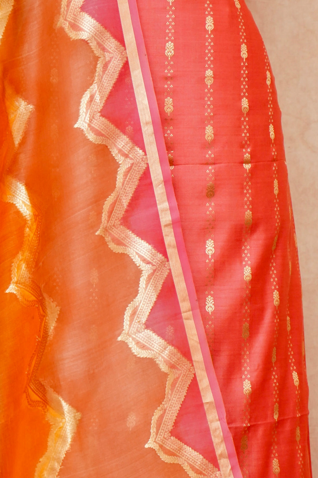 Handwoven Reddish Orange Banarasi Monga Silk Suit