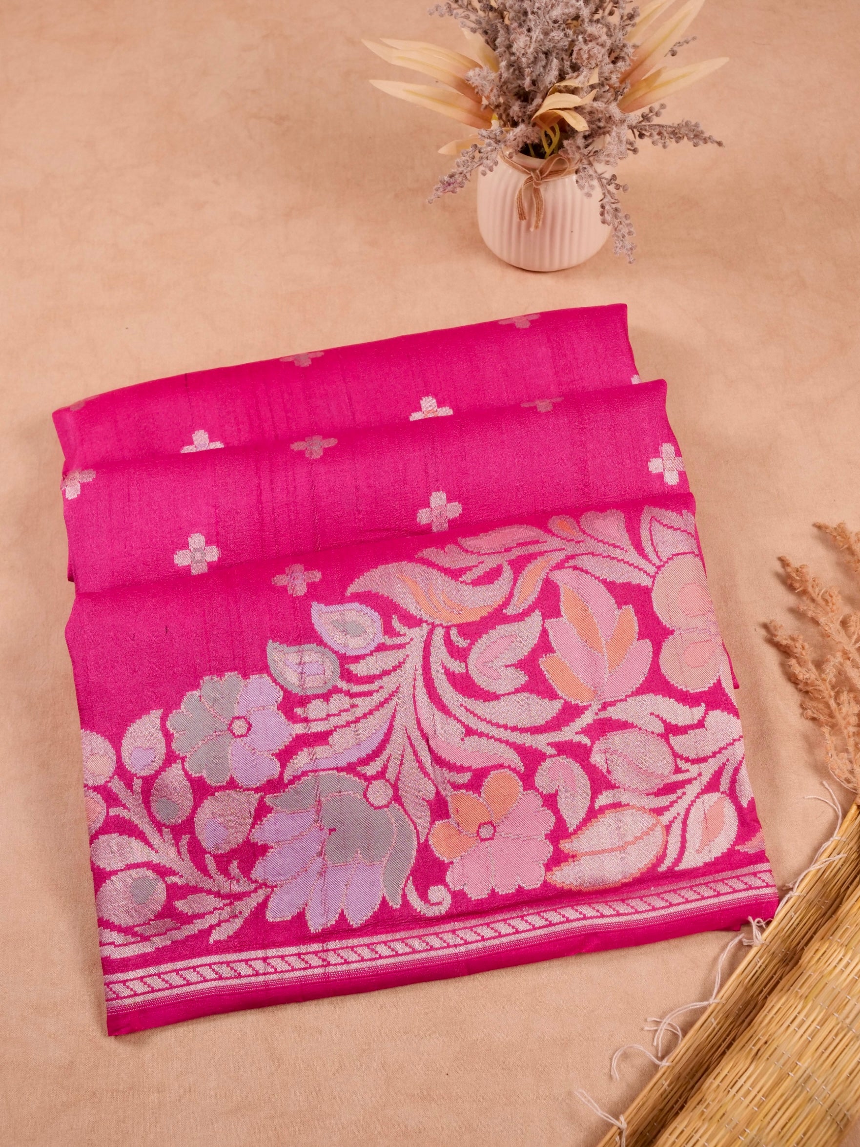 Handwoven Pink Banarasi Desi Tusser Silk Saree