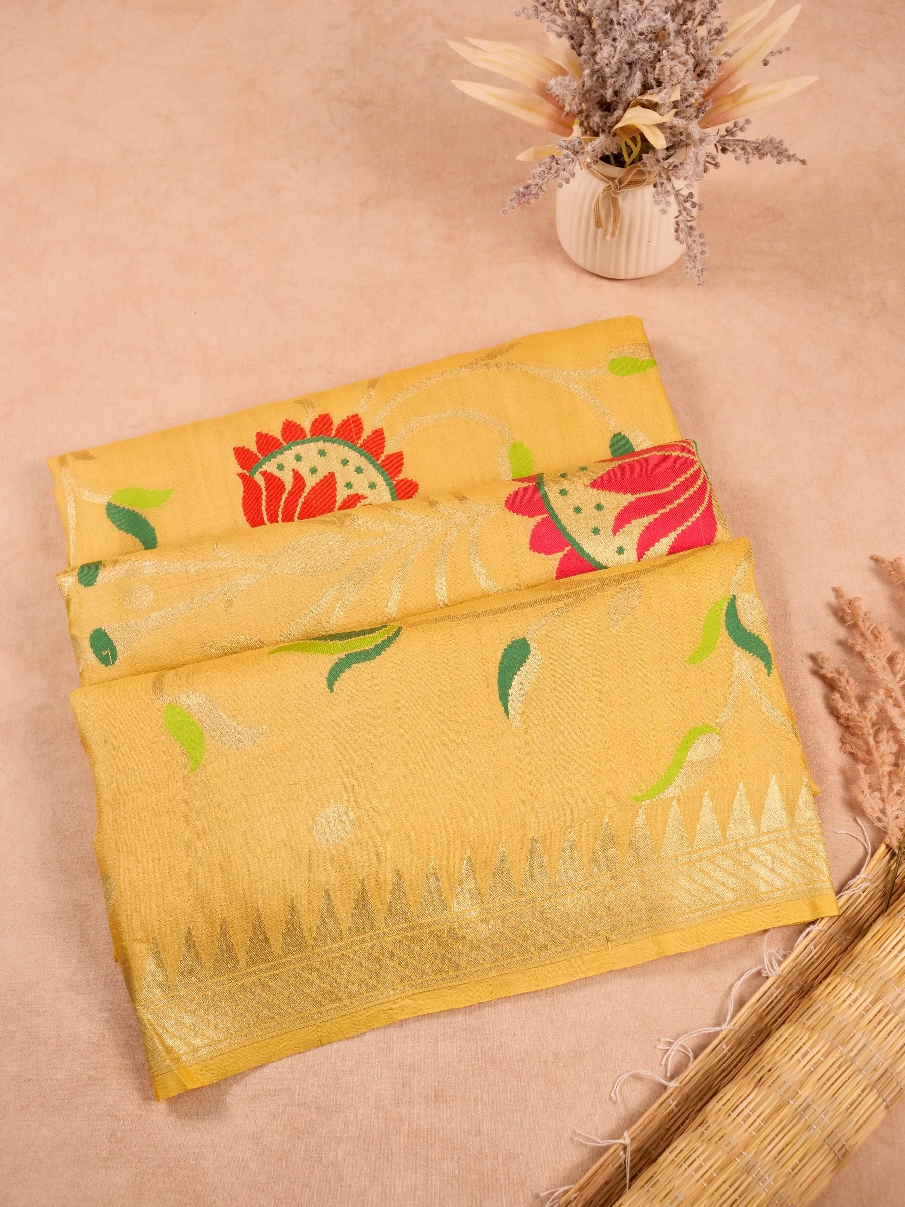 Handwoven Yellow Banarasi Desi Tussar Silk Saree