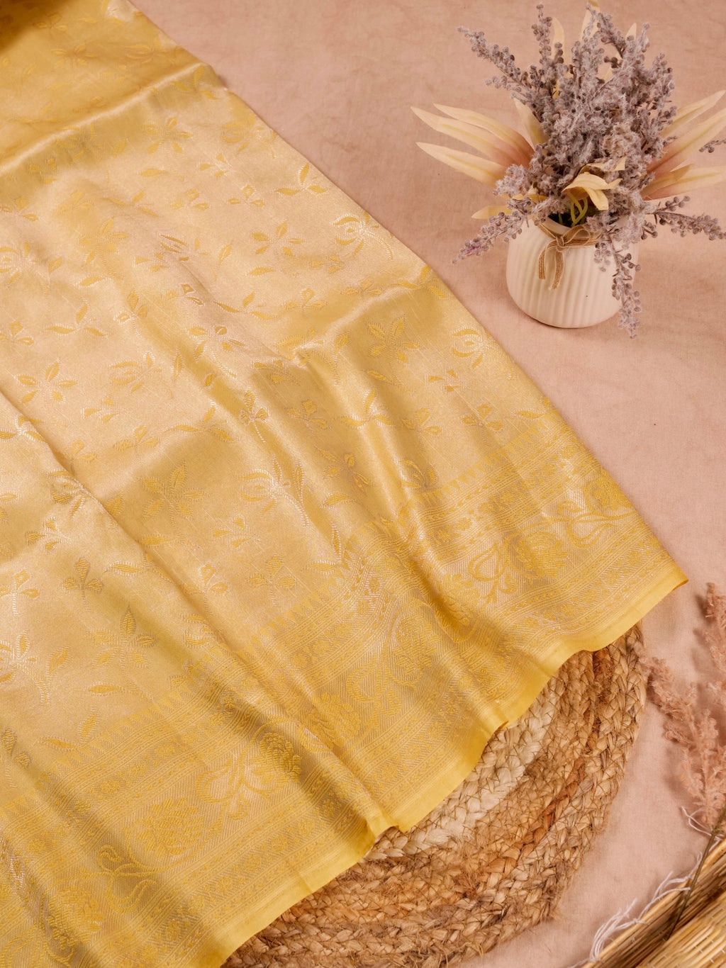 Handwoven Pastel Yellow Banarasi Katan Soft Tissue Silk Saree
