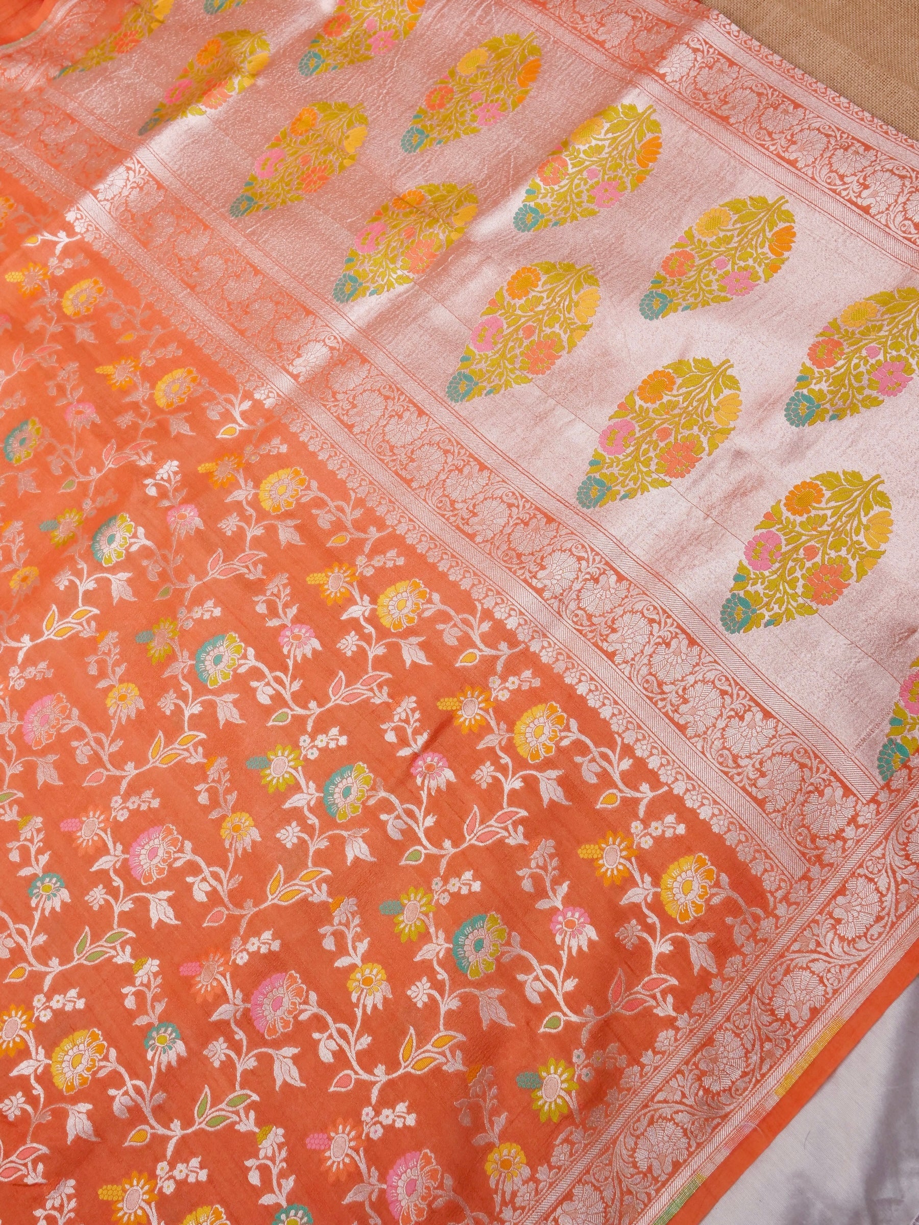 Handwoven Orange Banarasi Tussar Silk Saree