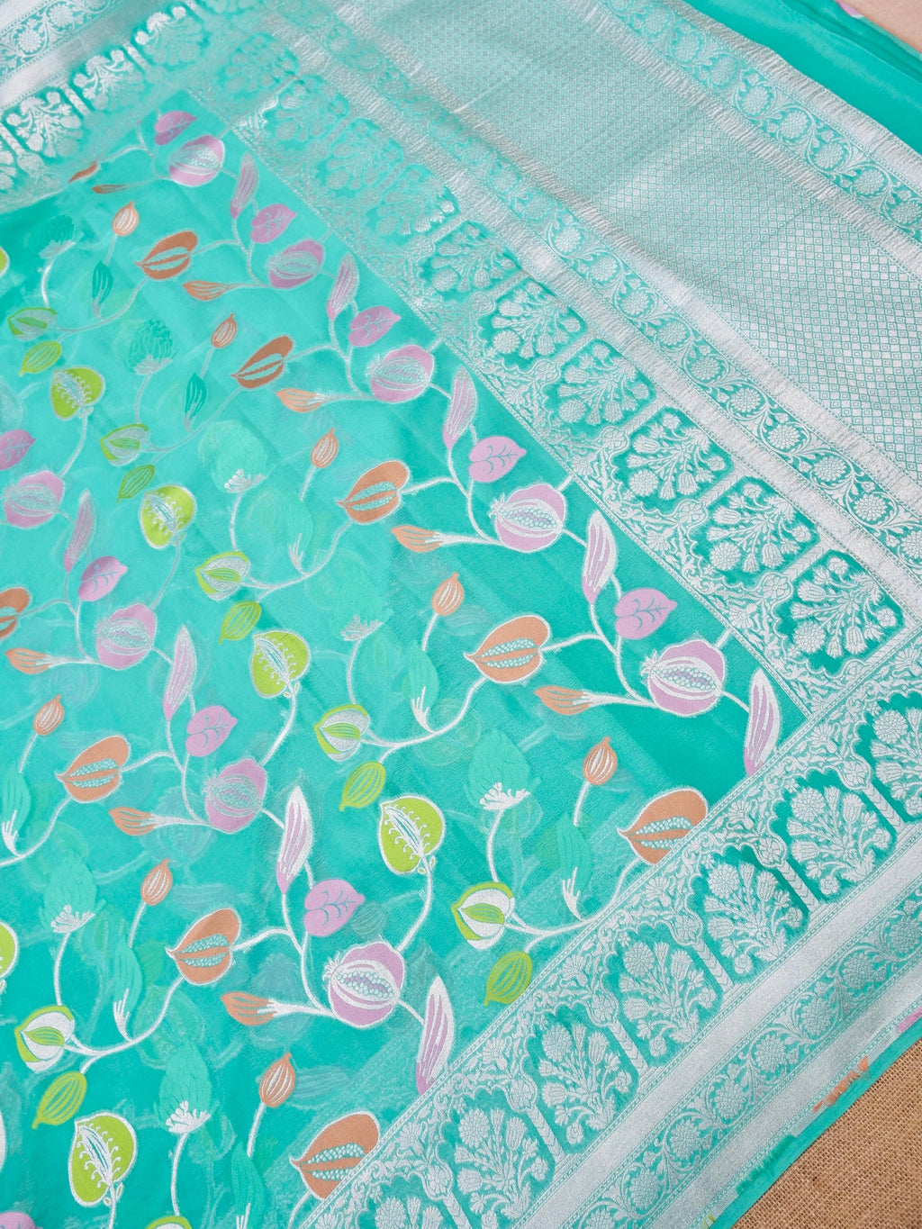 Handwoven Aqua Blue Banarasi Khaddi Silk Saree