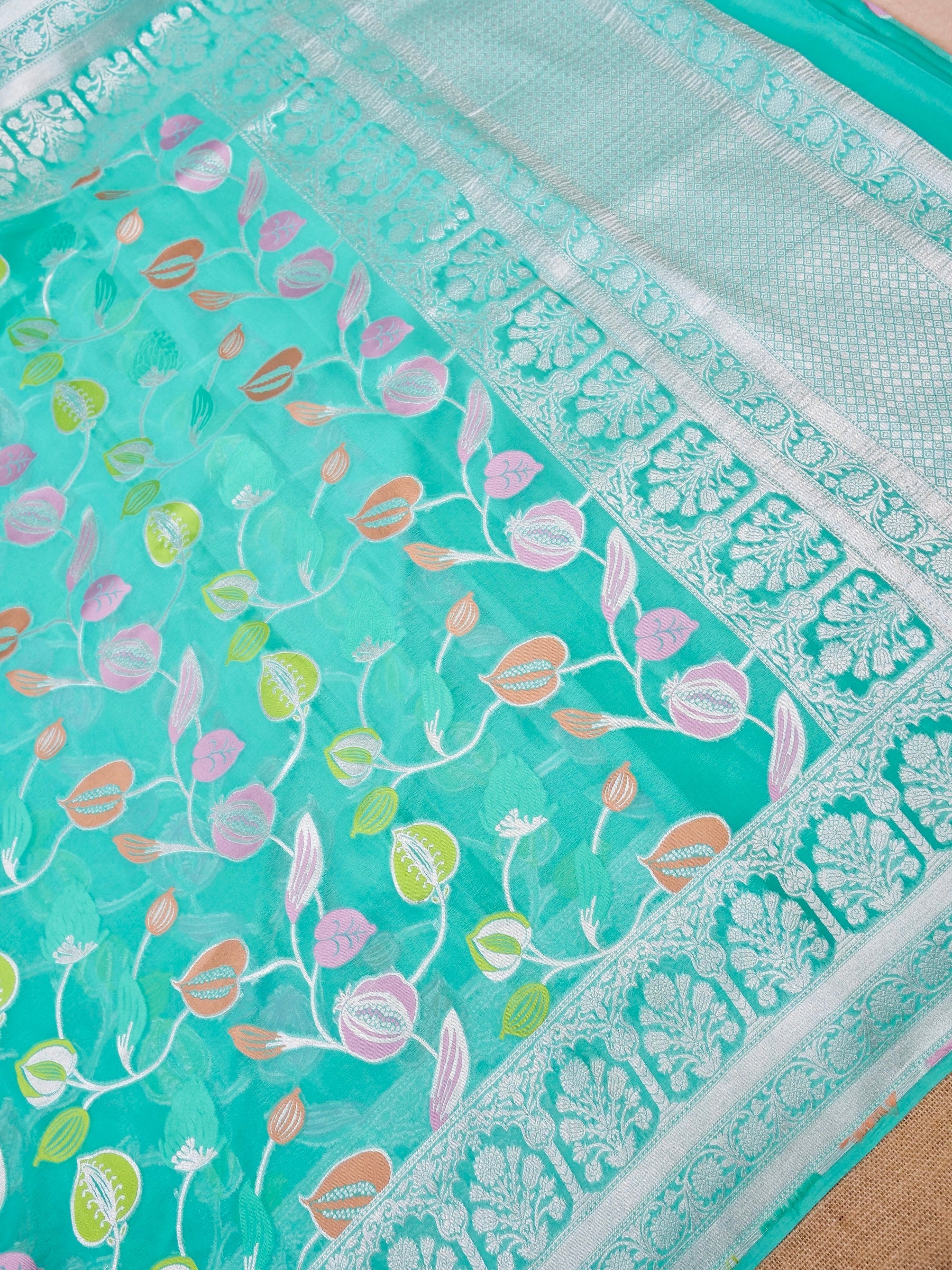 Handwoven Aqua Blue Banarasi Khaddi Silk Saree