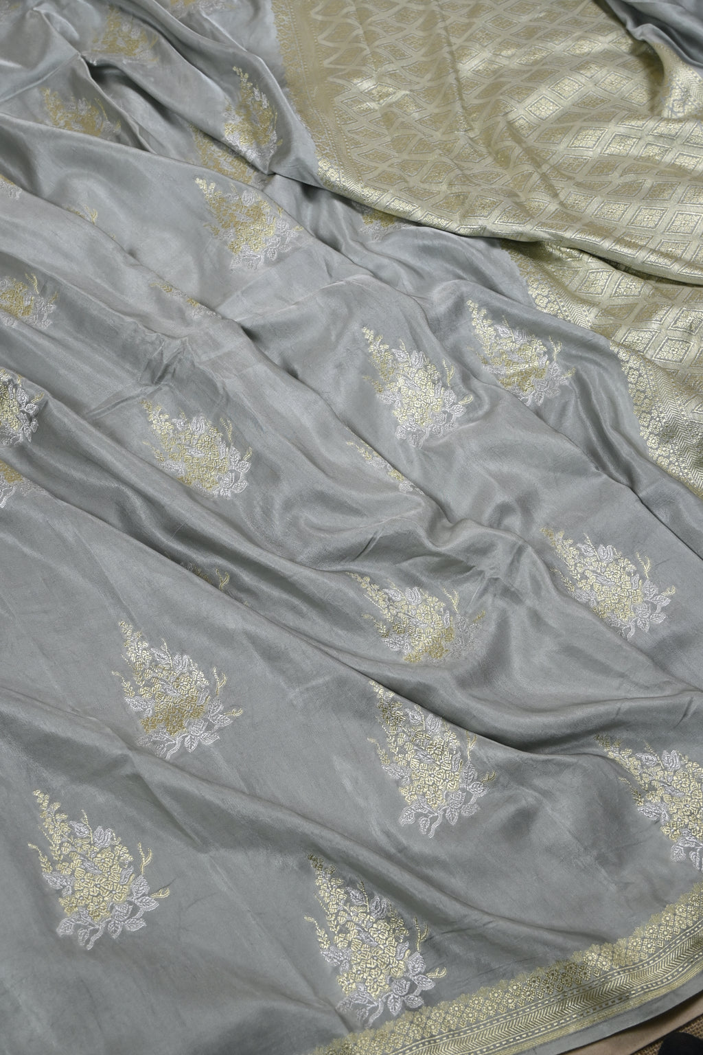 Grey Pure Banarasi Satin Mashru Silk Saree