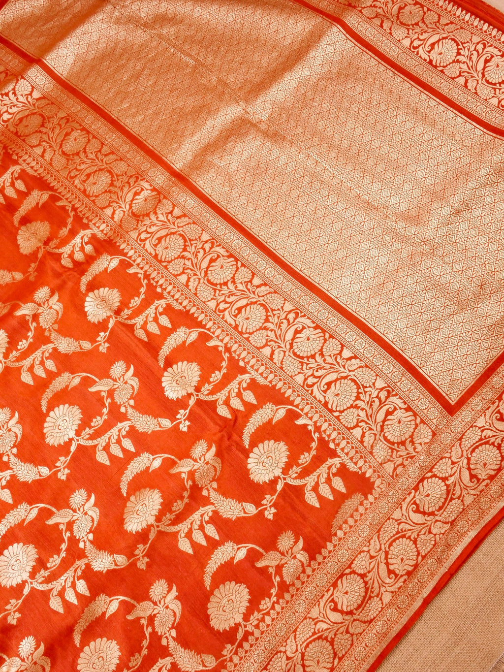 Handwoven Orange Banarasi Monga Silk Saree