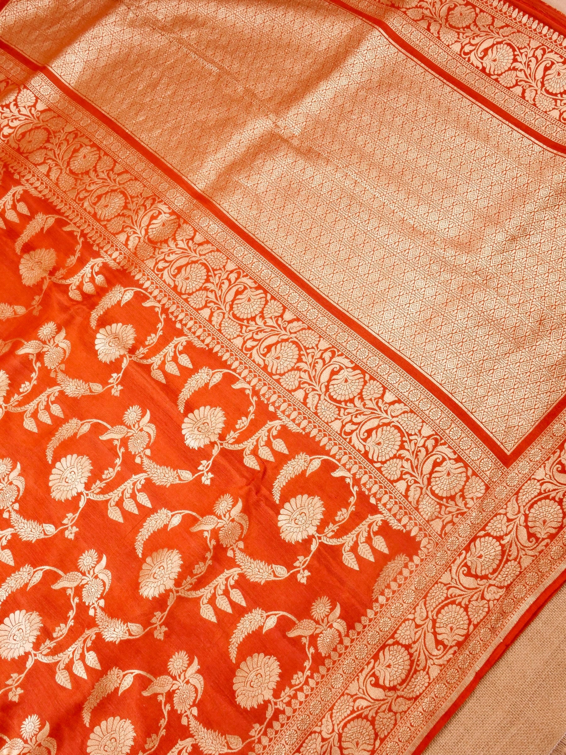 Handwoven Orange Banarasi Monga Silk Saree
