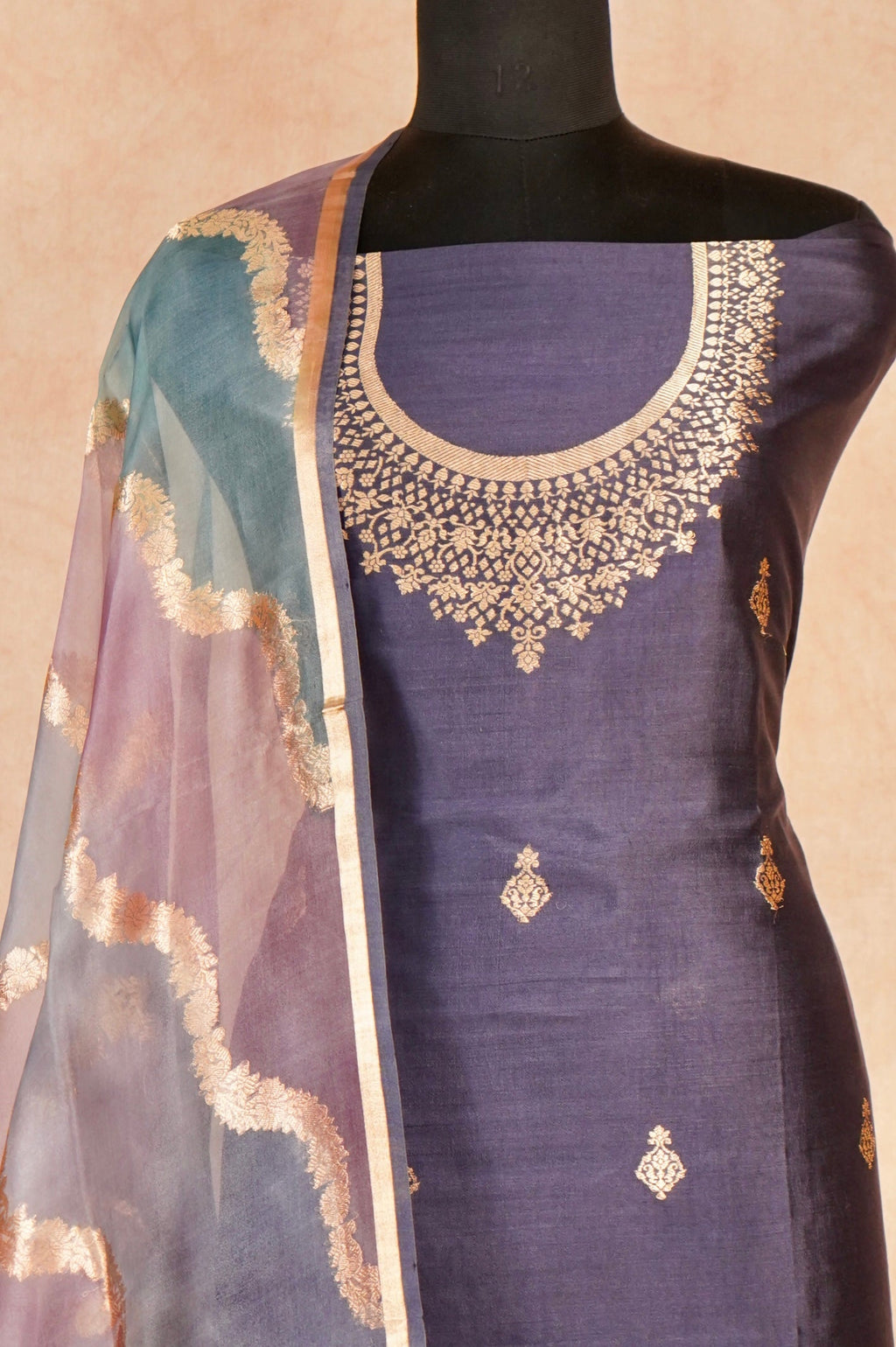 Handwoven Navy Blue Banarasi Katan Silk Suit