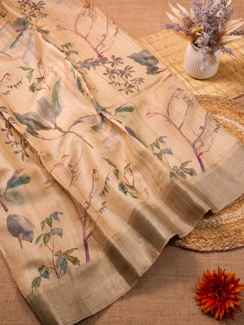 Handwoven Cream Banarasi Tussar Silk Saree