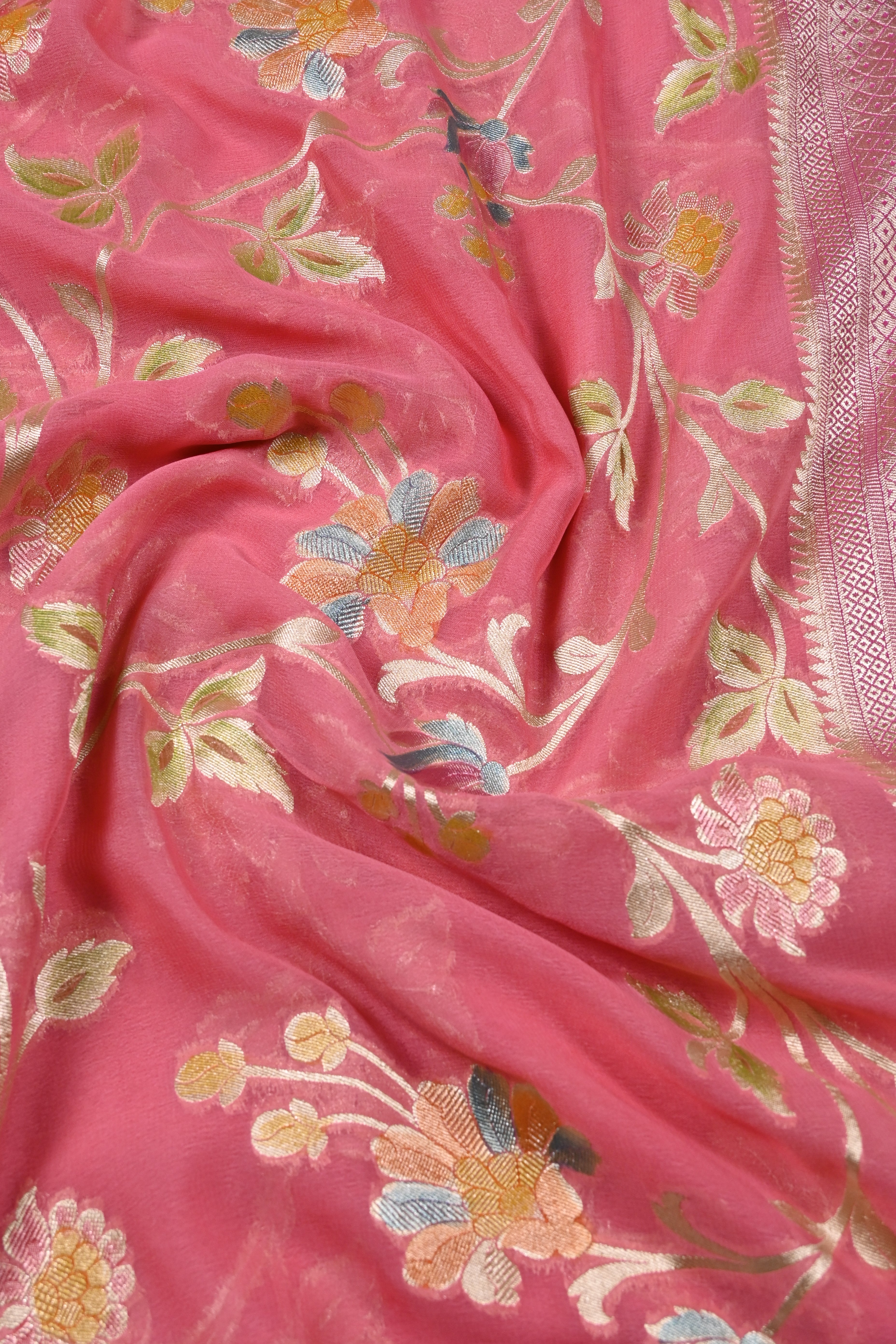 Pinkish Peach Pure Banarasi Khaddi Georgette Silk Saree