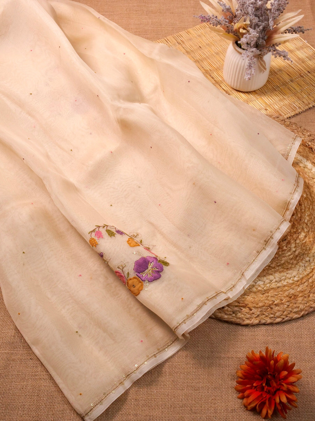 Handwoven Cream Banarasi Organza Silk Saree