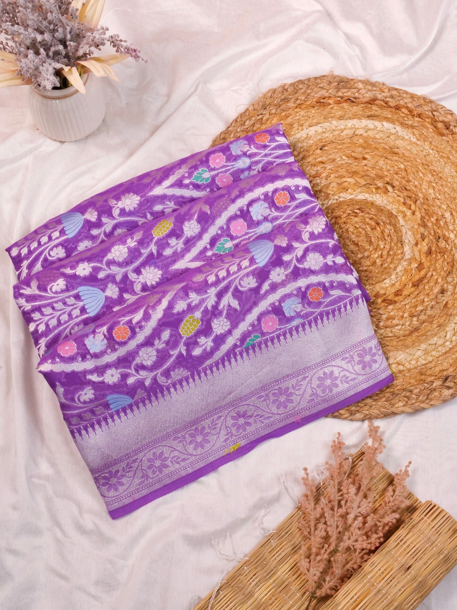 Handwoven Purple Banarasi Khaddi Silk Saree