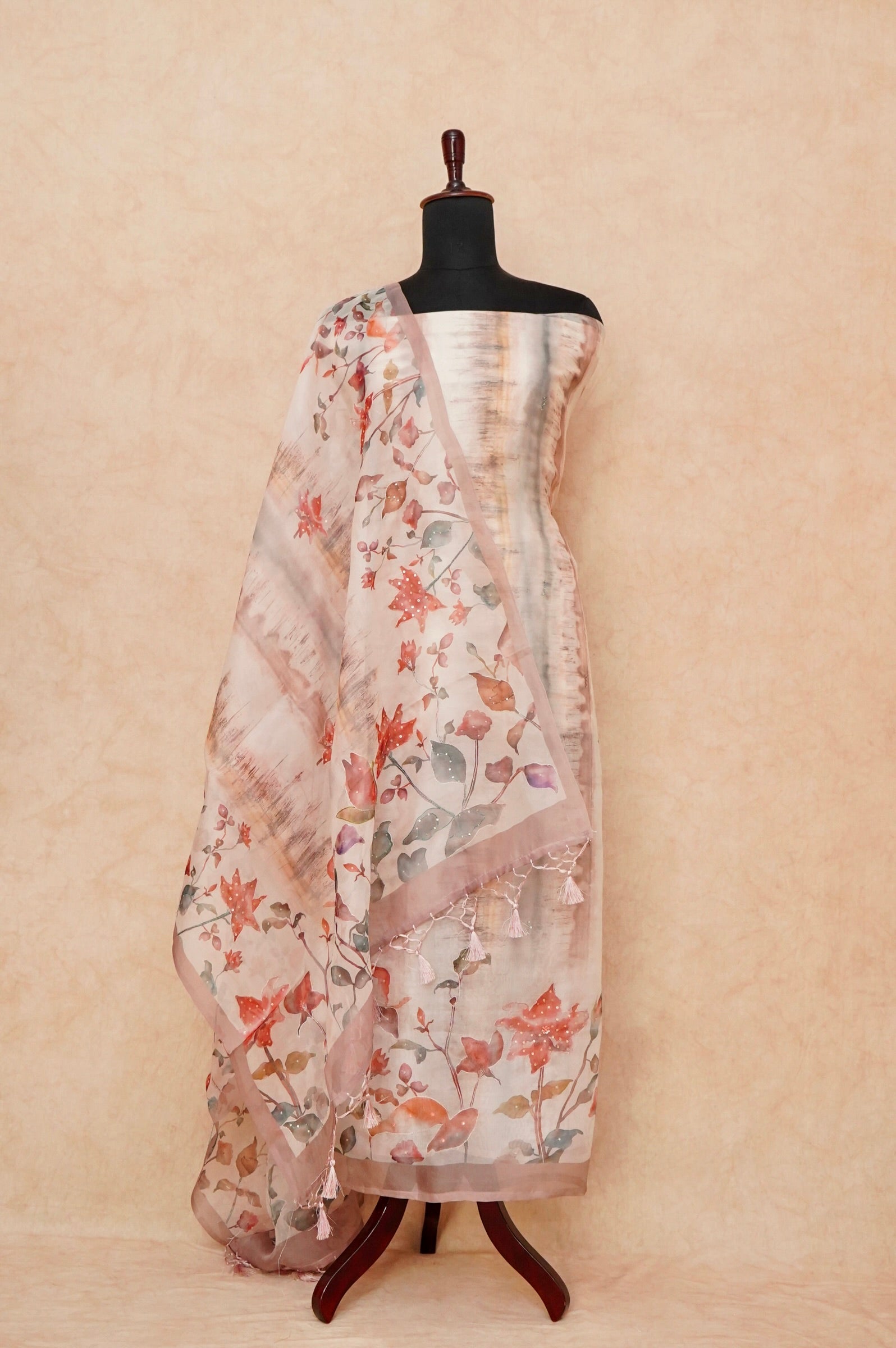 Handwoven Peach Banarasi Organza Silk Suit