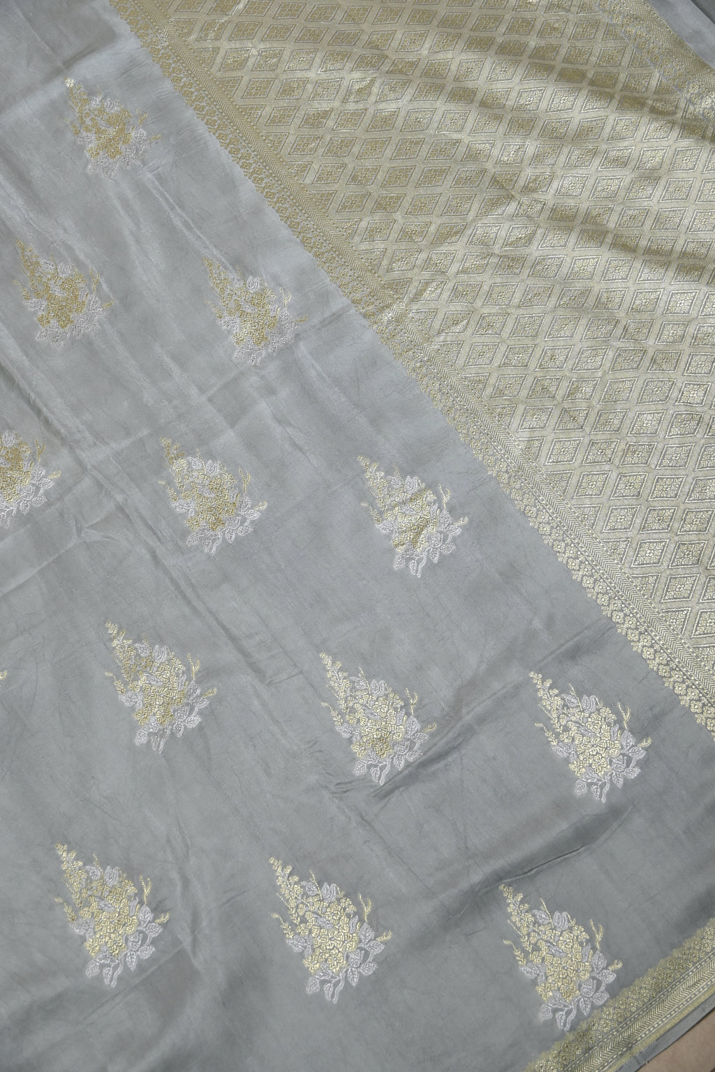 Grey Pure Banarasi Satin Mashru Silk Saree