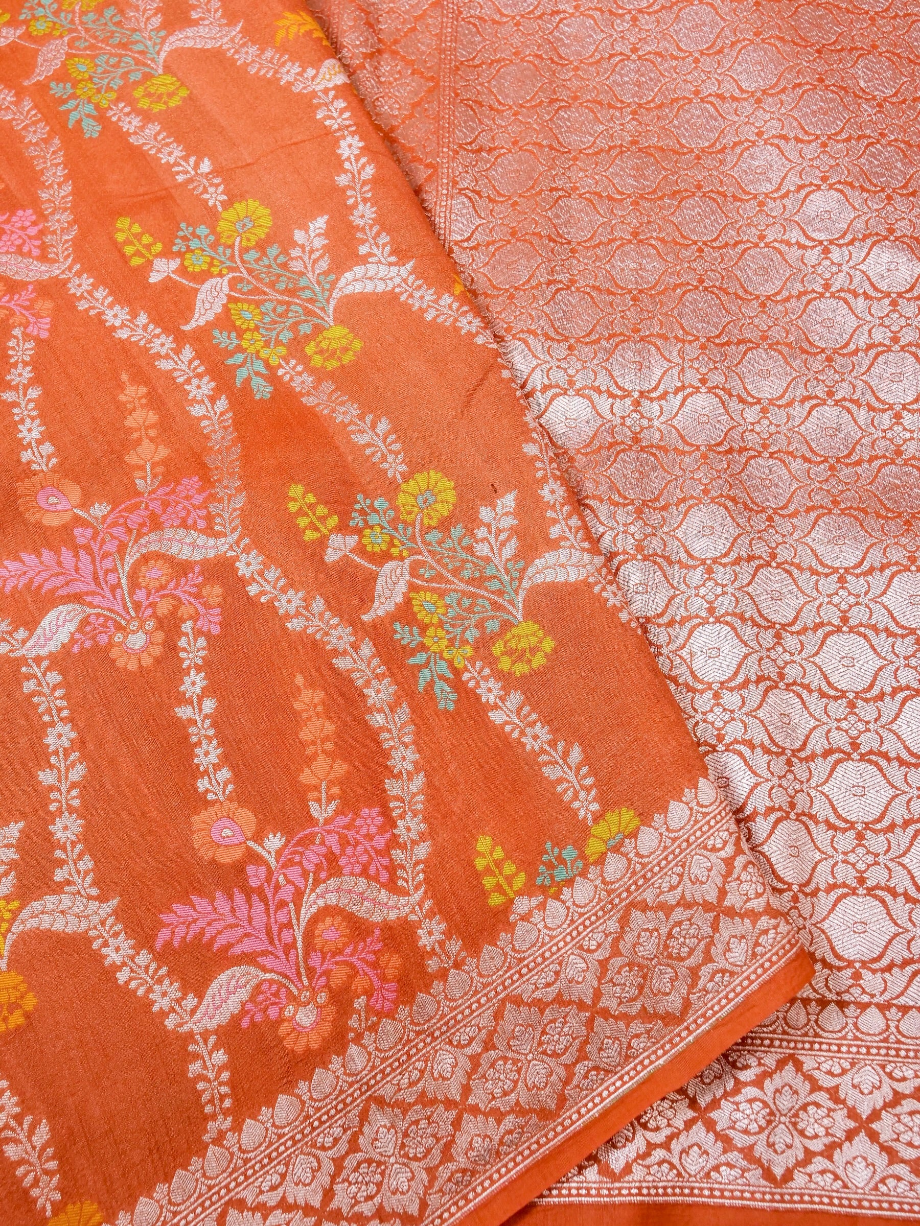 Handwoven Orange Banarasi Monga Silk Saree