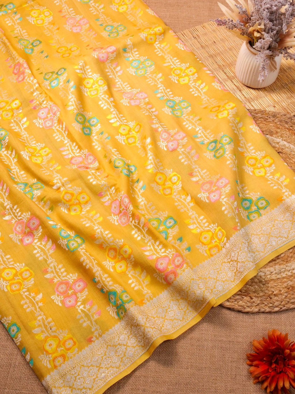 Handwoven Yellow Banarasi Tussar Silk Saree