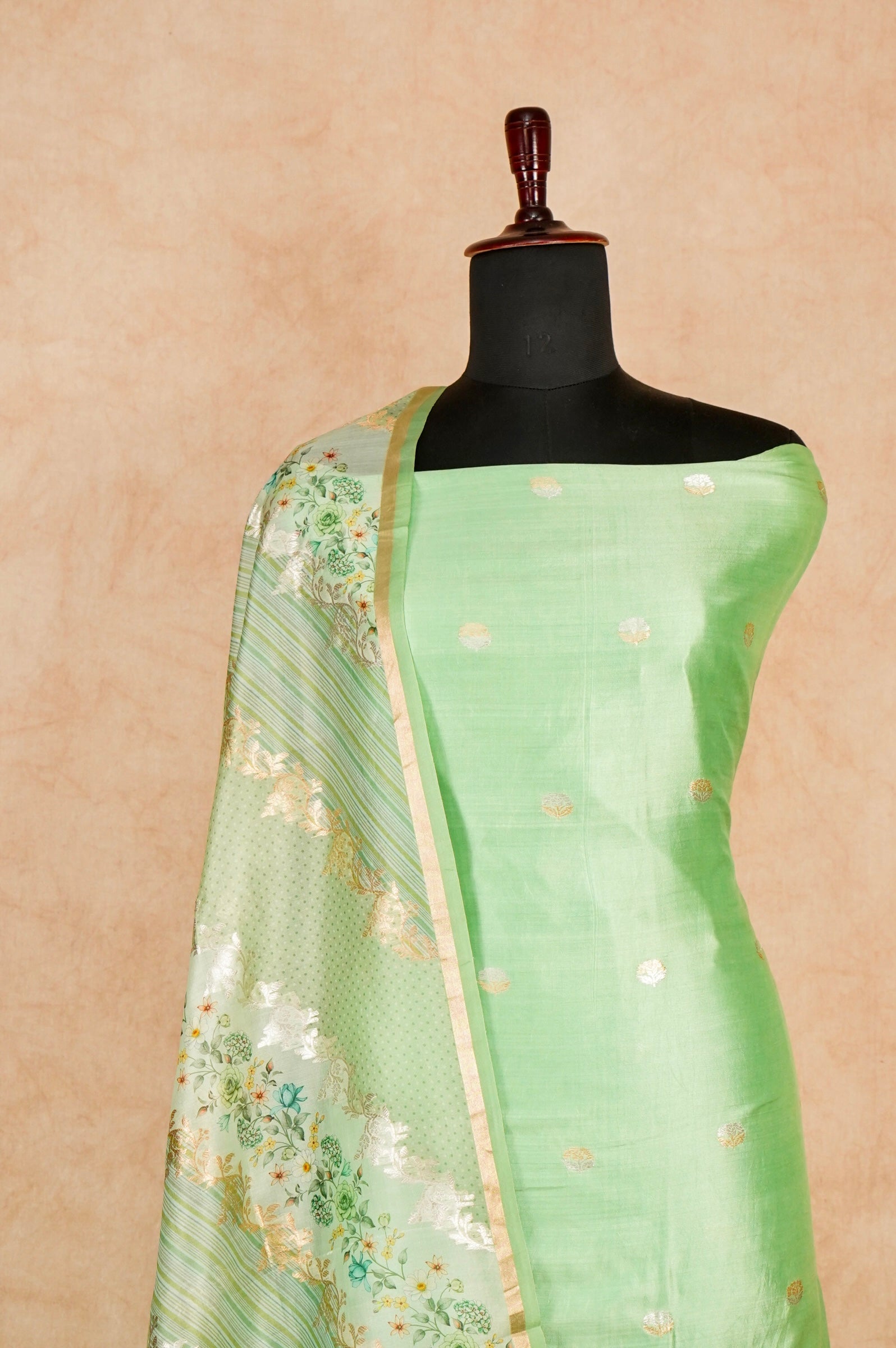 Handwoven Pastel Green Banarasi Monga Silk Suit