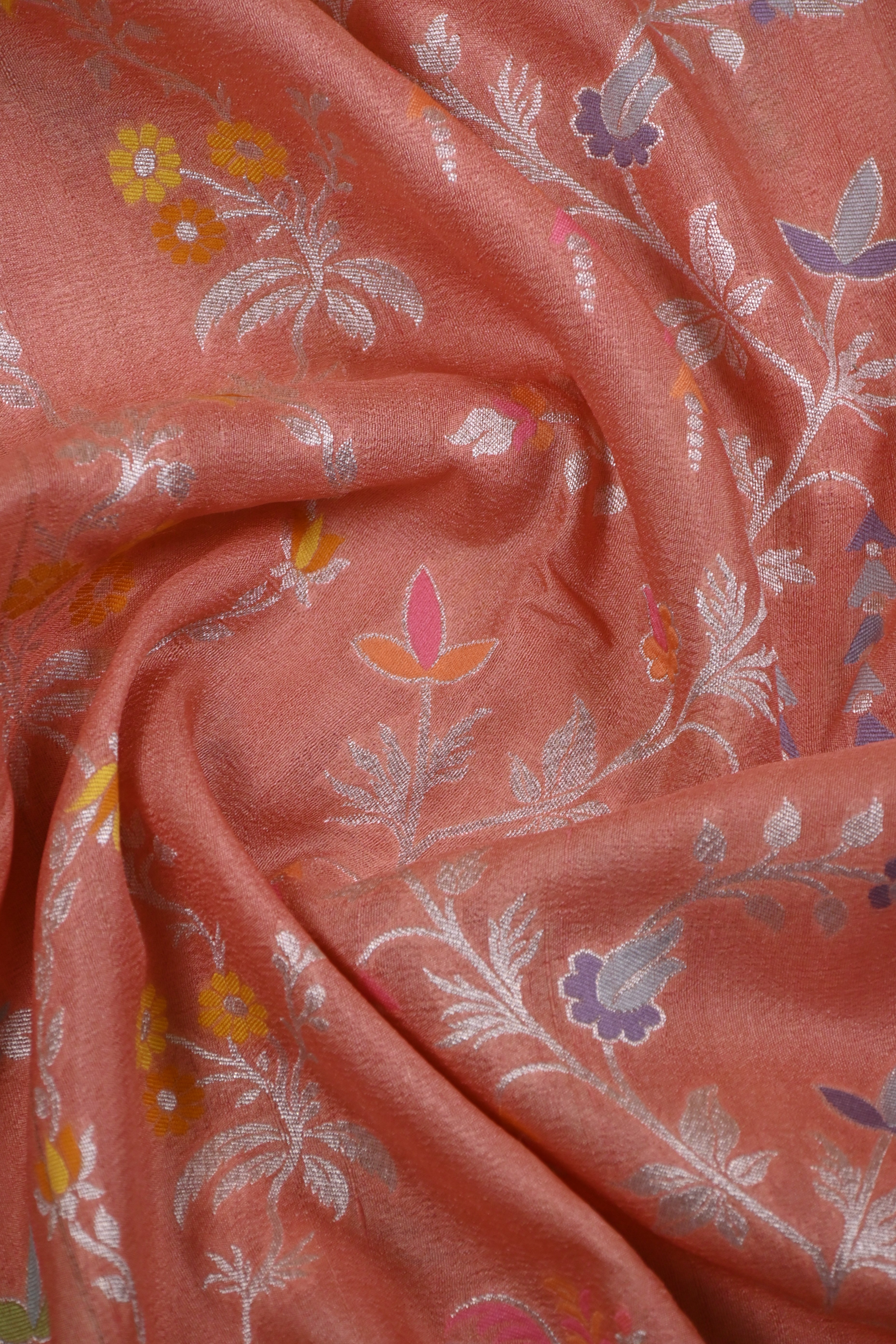 Peachy Orange Pure Banarasi Tussar Georgette Saree