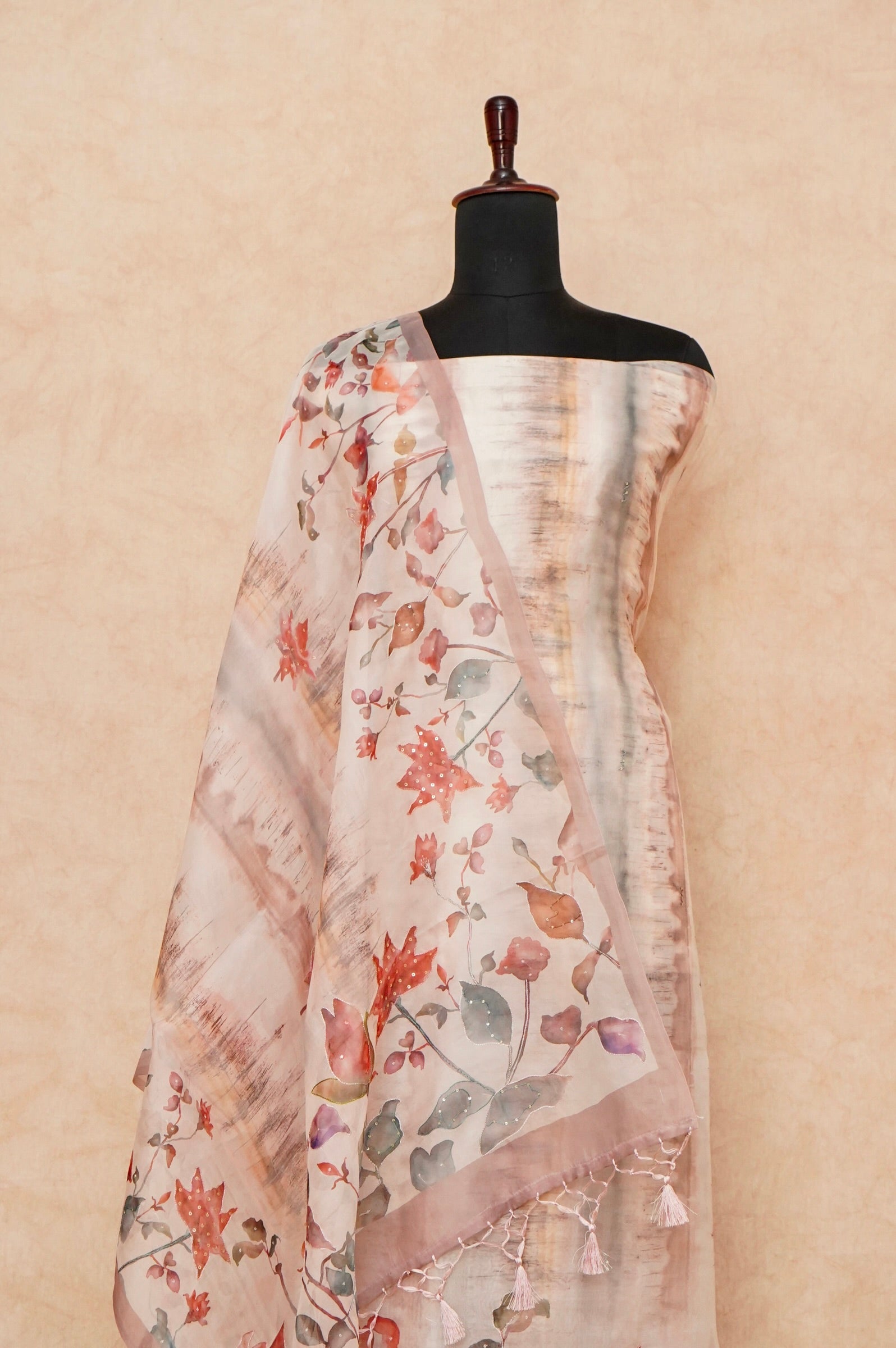 Handwoven Peach Banarasi Organza Silk Suit