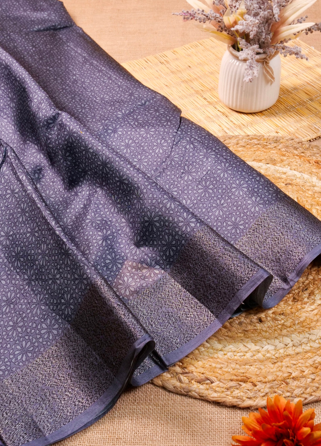 Handwoven Greyish Blue Banarasi Tussar Silk Saree