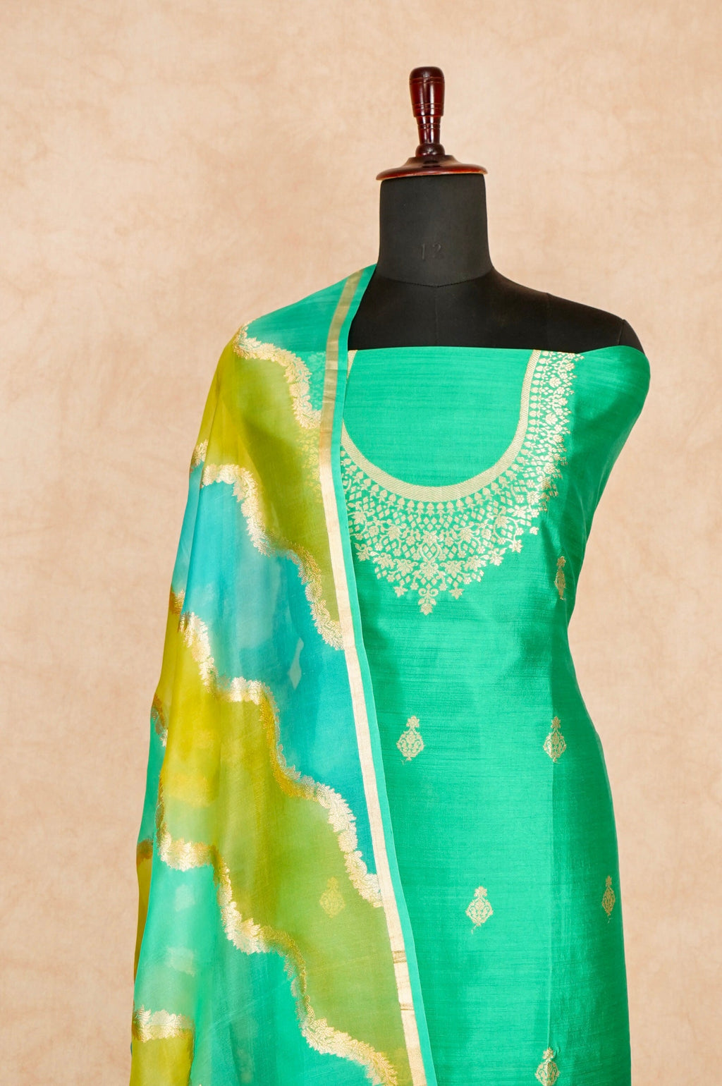 Handwoven Parrot Green Banarasi Katan Silk Suit