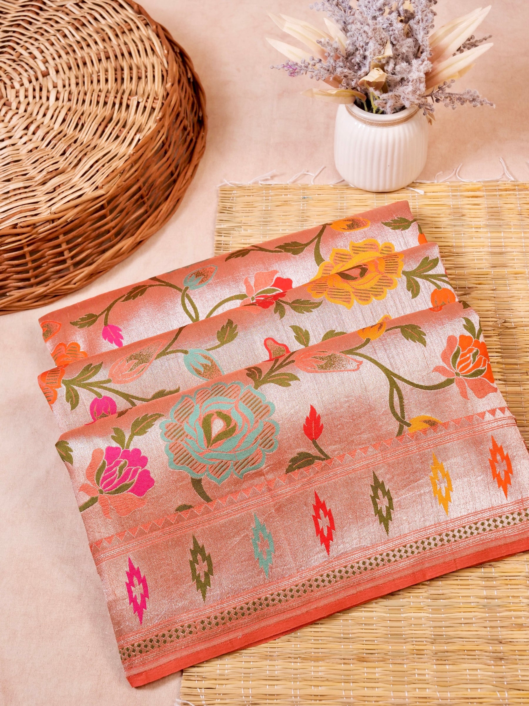 Handwoven Carrot Pink Banarasi Tussar Silk Saree