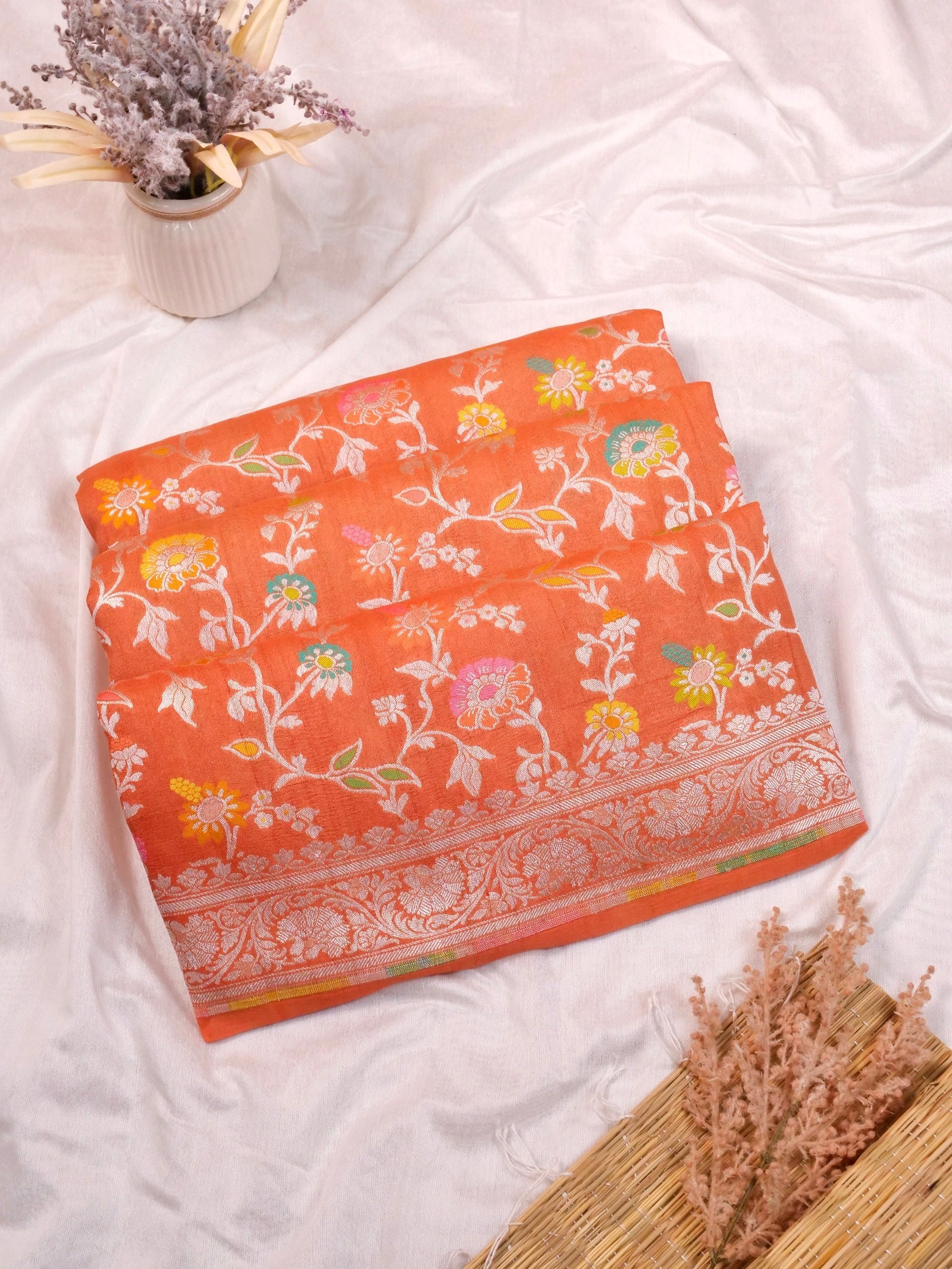 Handwoven Orange Banarasi Tussar Silk Saree
