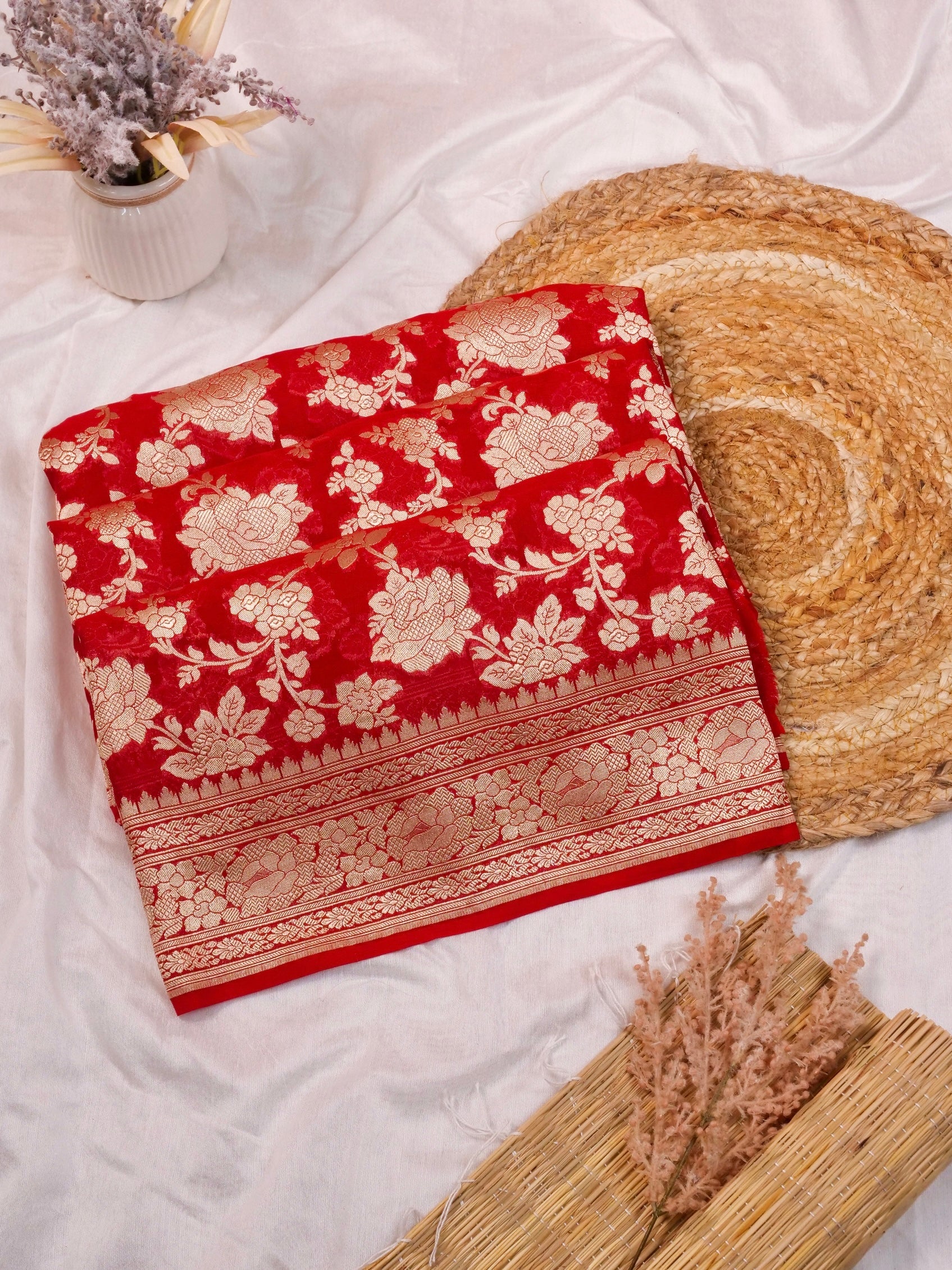 Handwoven Red Banarasi Khaddi Silk Saree