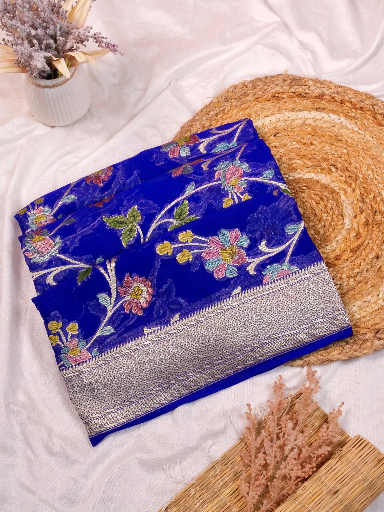 Handwoven Dark Blue Banarasi Khaddi Silk Saree