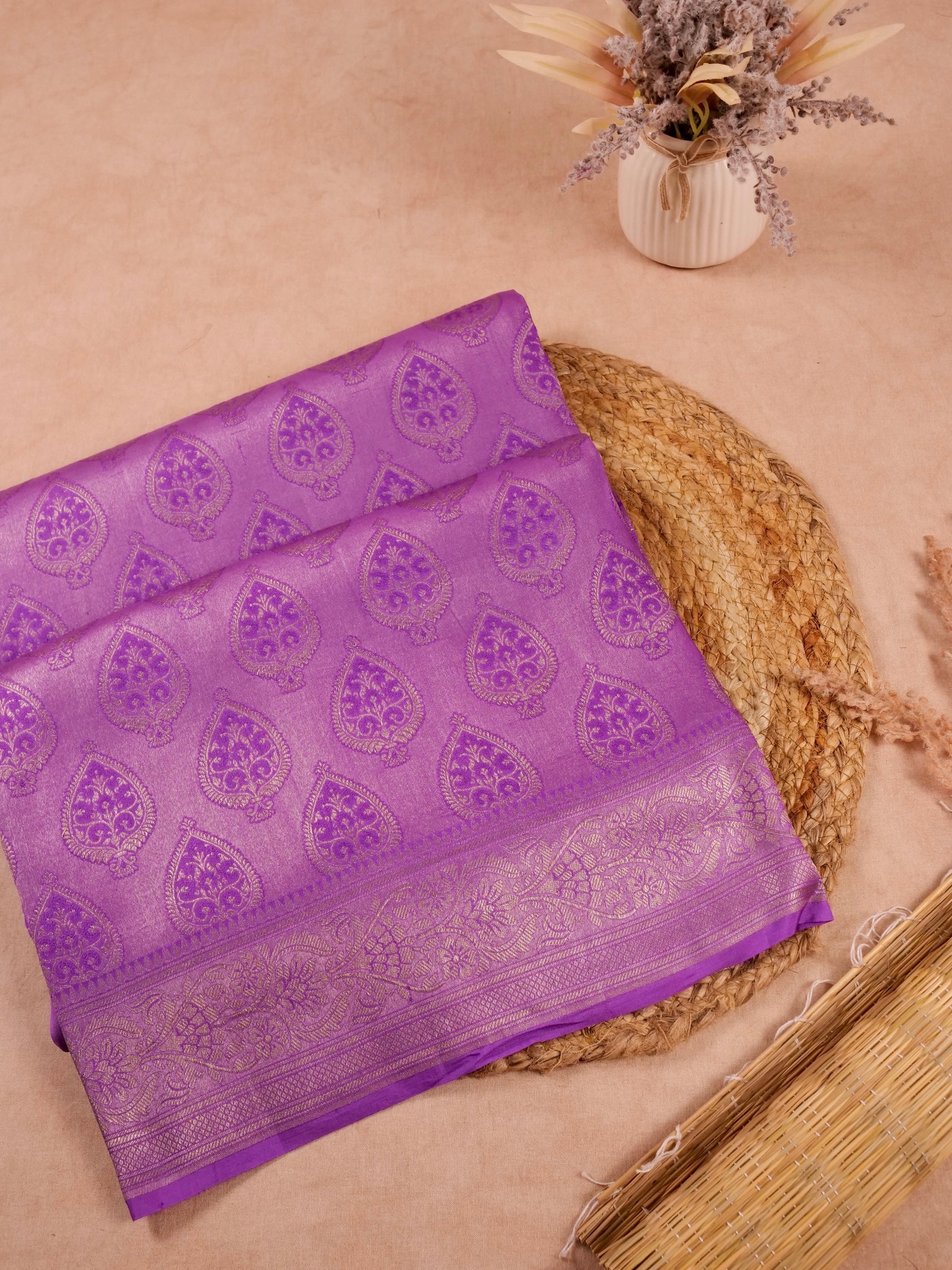 Handwoven Purple Banarasi Katan Soft Tissue Silk Saree