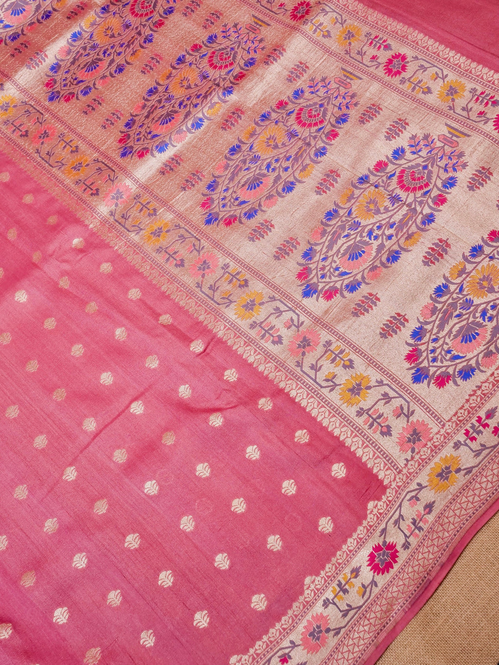Handwoven Dark Pink Banarasi Tussar Silk Saree