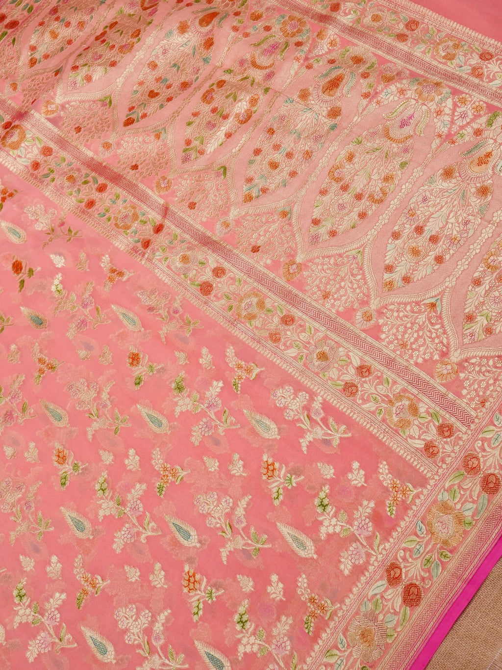 Handwoven Carrot Pink Banarasi Khaddi Silk Saree