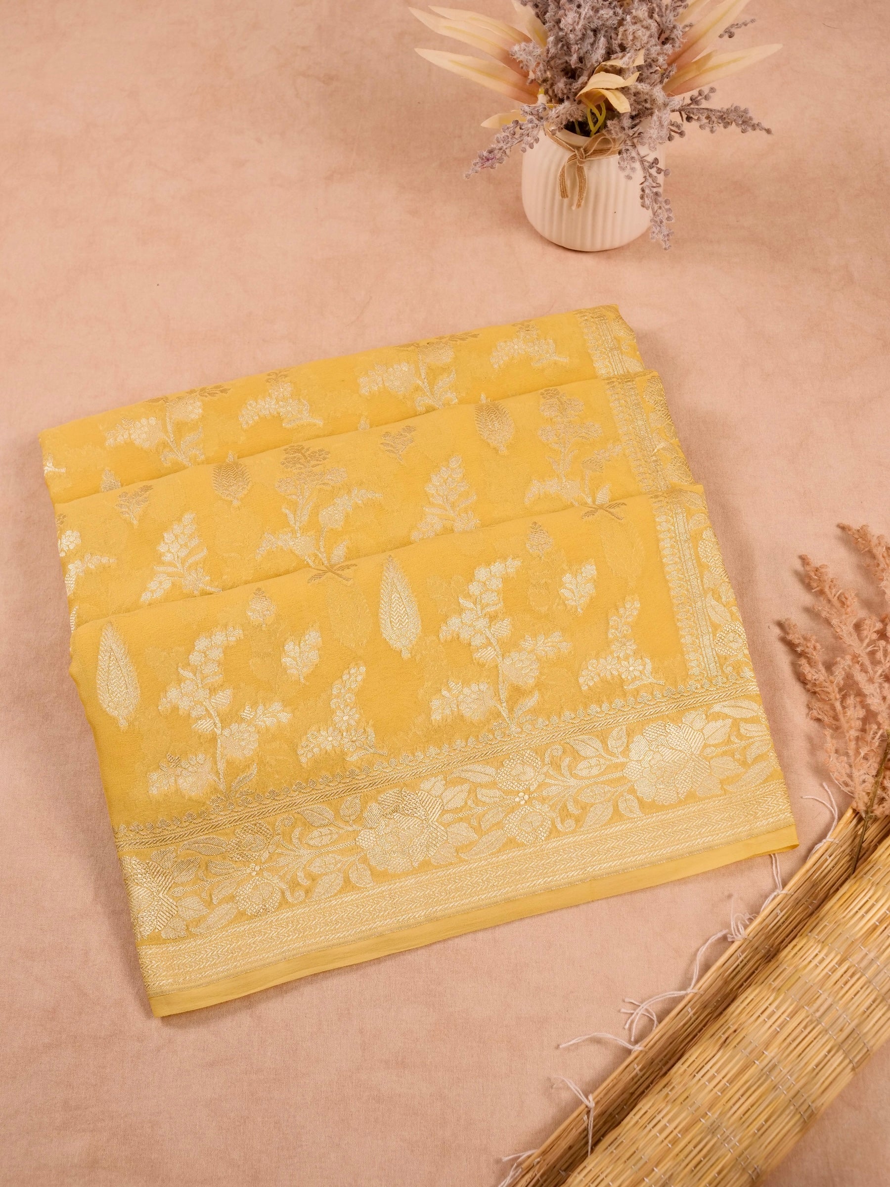 Handwoven Yellow Banarasi Khaddi Silk Saree