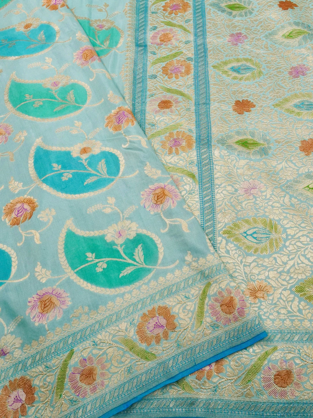 Handwoven Turquoise Blue Banarasi Monga Silk Saree