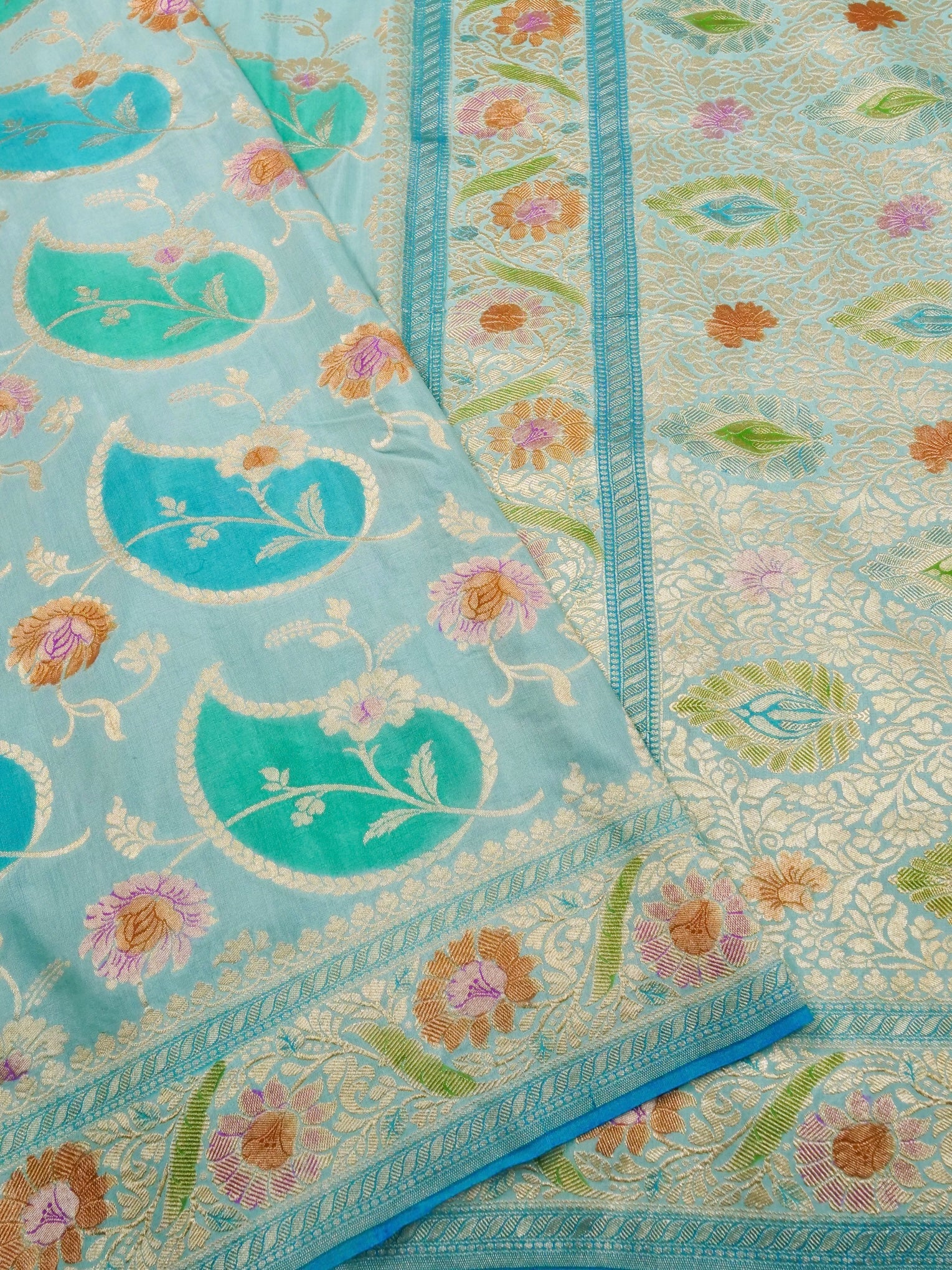 Handwoven Turquoise Blue Banarasi Monga Silk Saree