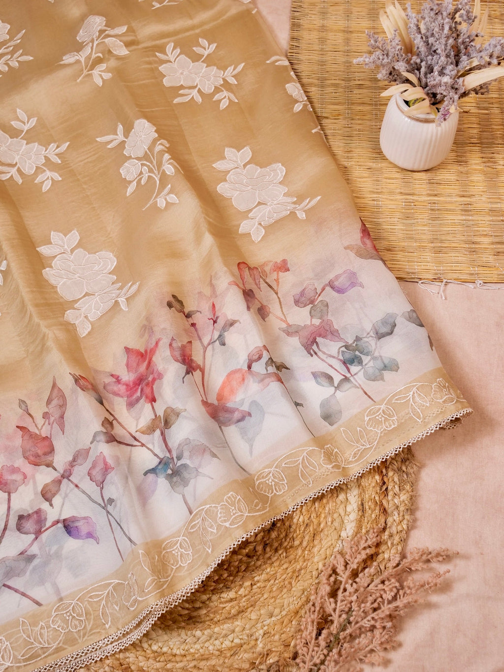 Handwoven Cream Banarasi Organza Silk Saree