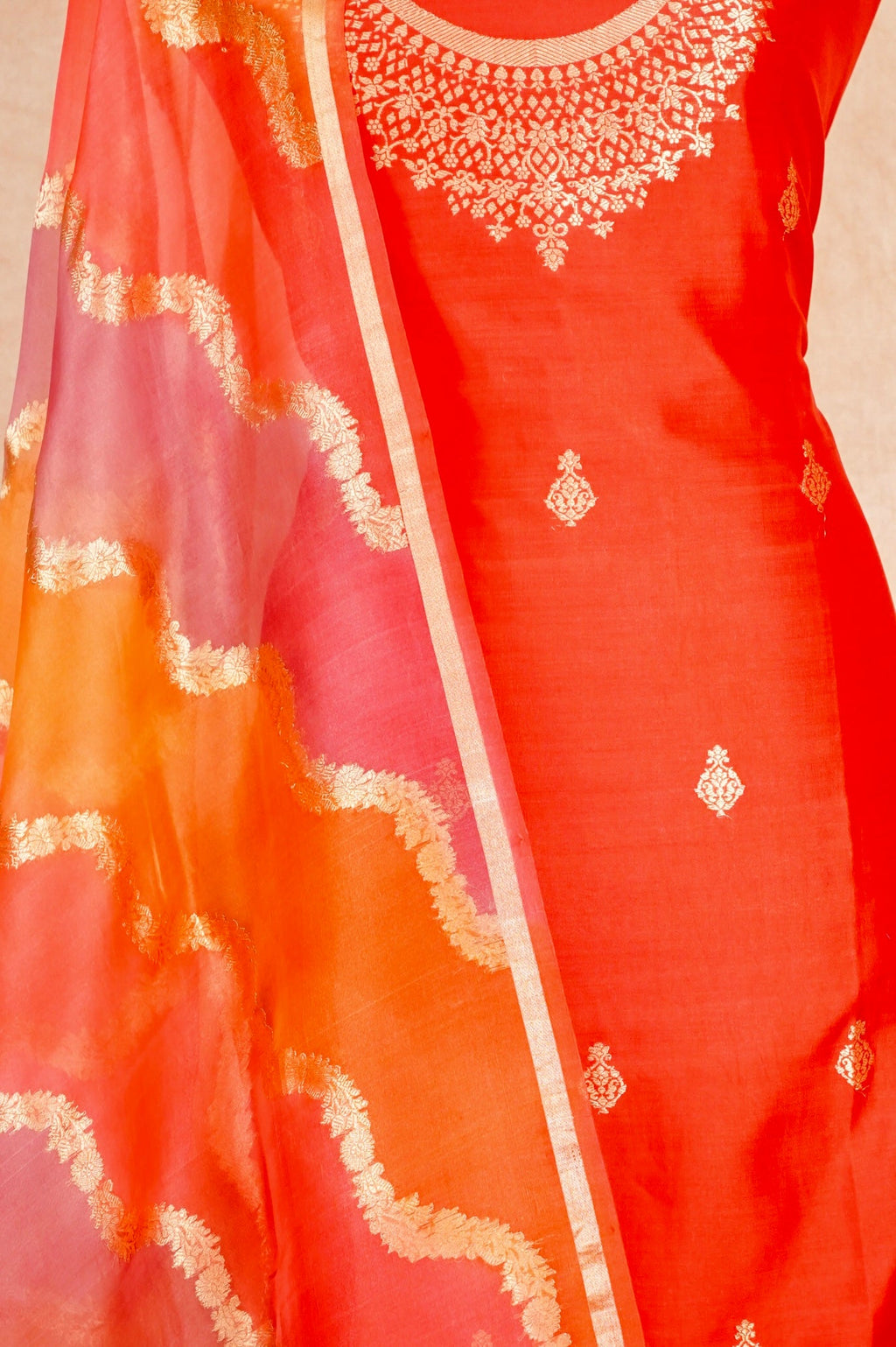 Handwoven Red Banarasi Katan Silk Suit