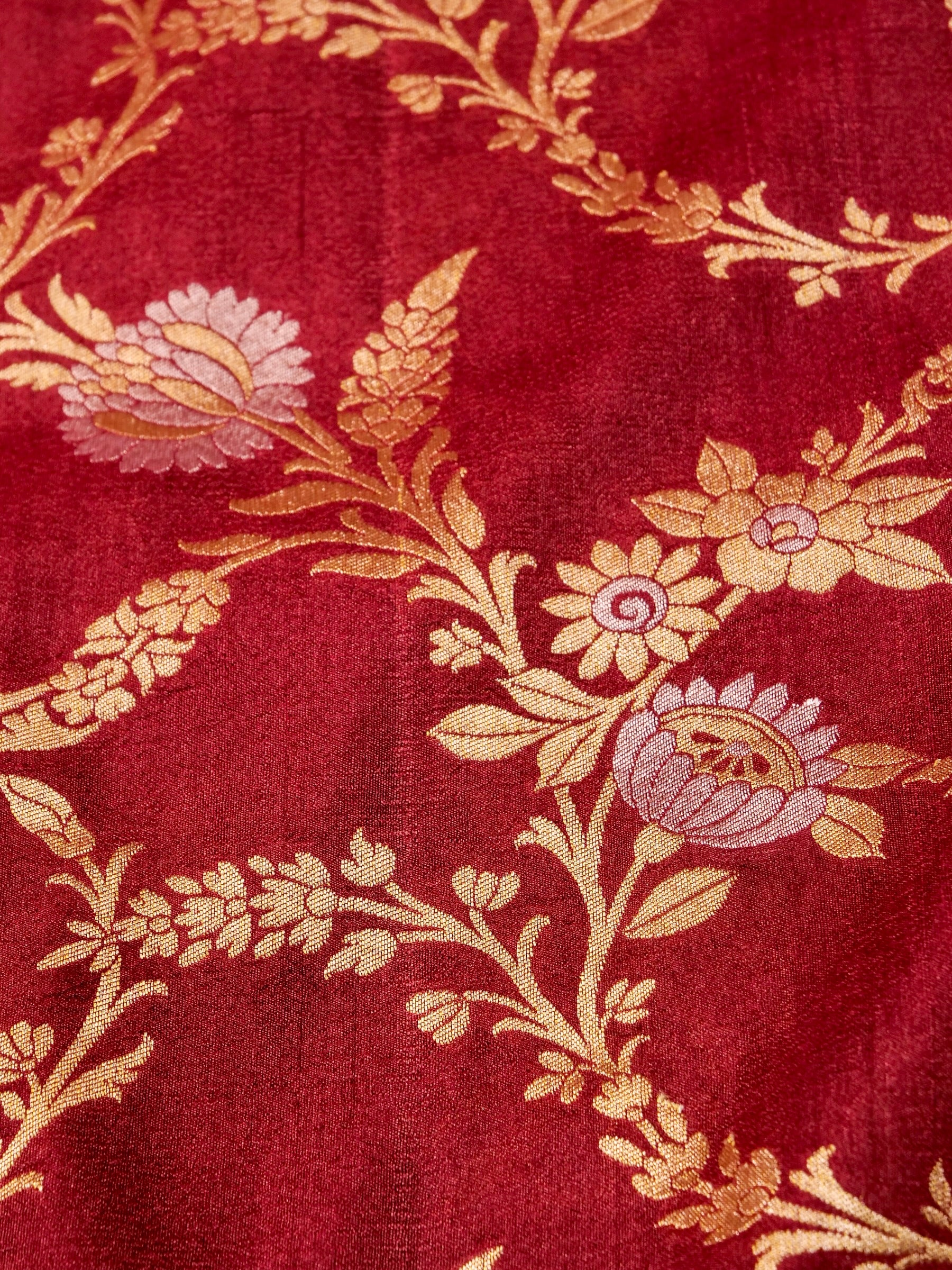 Handwoven red Banarasi Desi Tusser Silk Saree