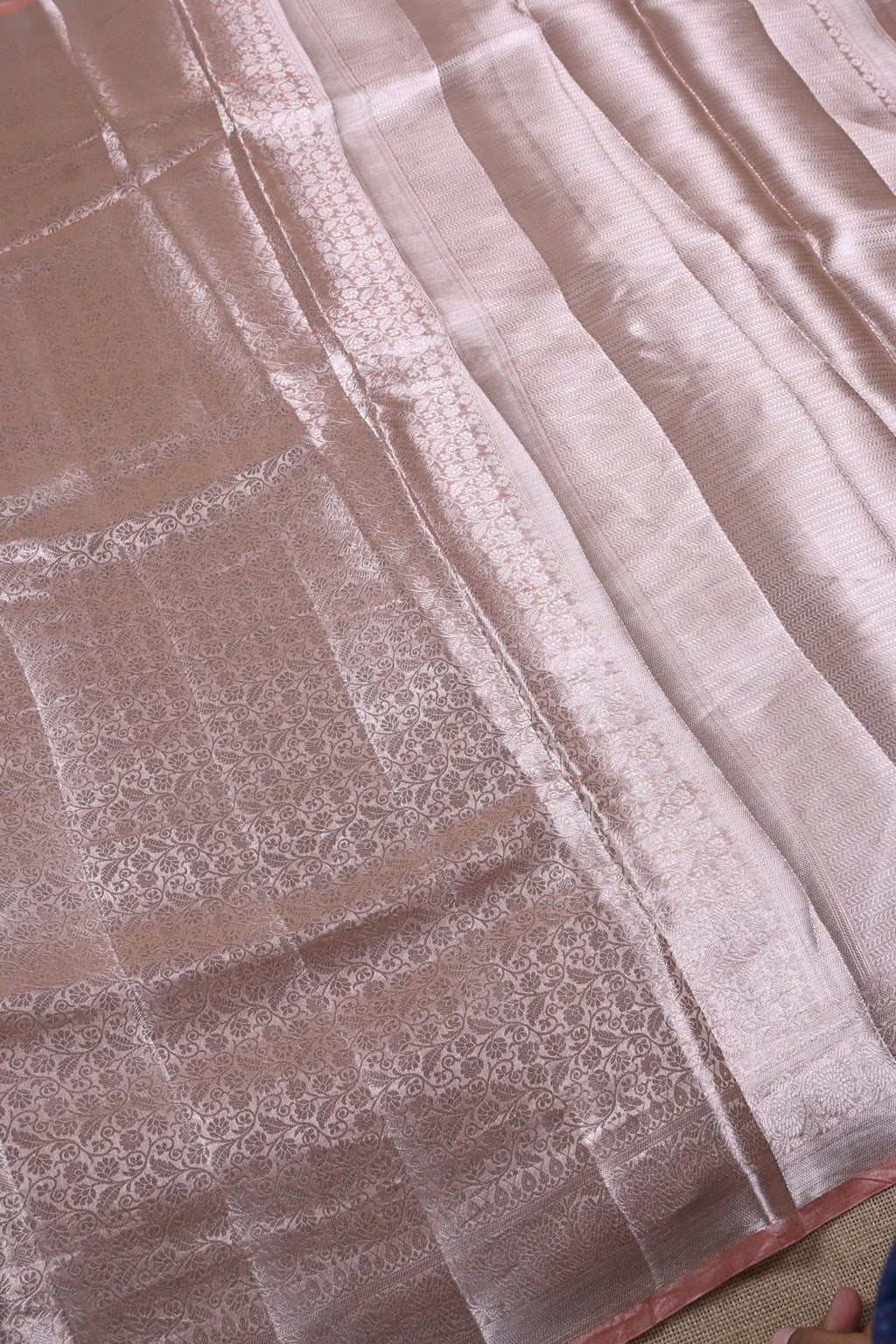 Baby Peach Pure Banarasi Molten Tissue Silk Saree