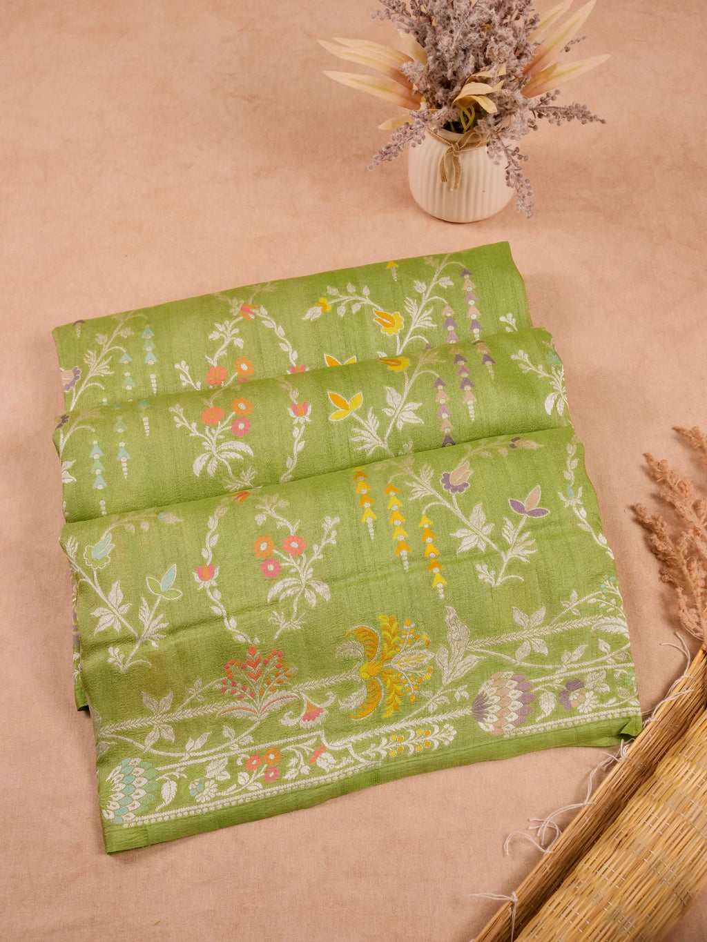 Handwoven Green Banarasi Desi Tussar Silk Saree