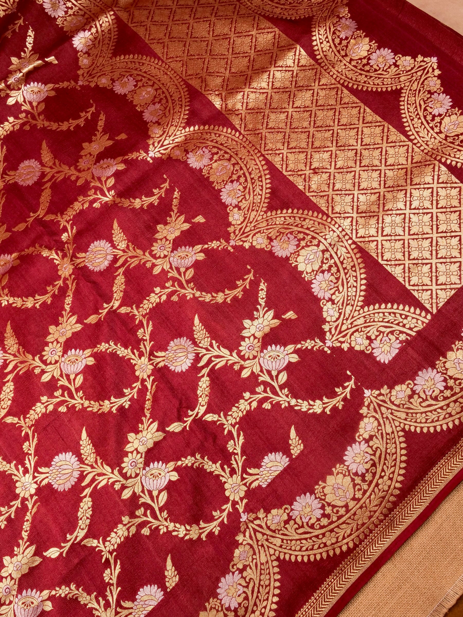 Handwoven red Banarasi Desi Tusser Silk Saree