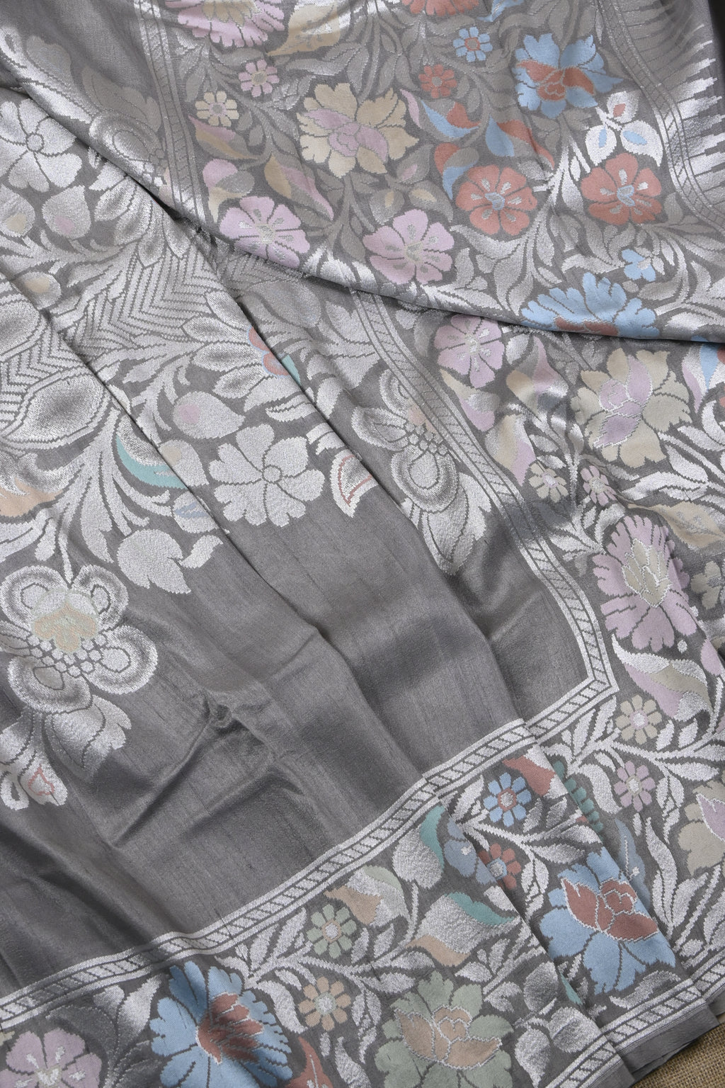 Grey Pure Banarasi Tussar Georgette Silk Saree