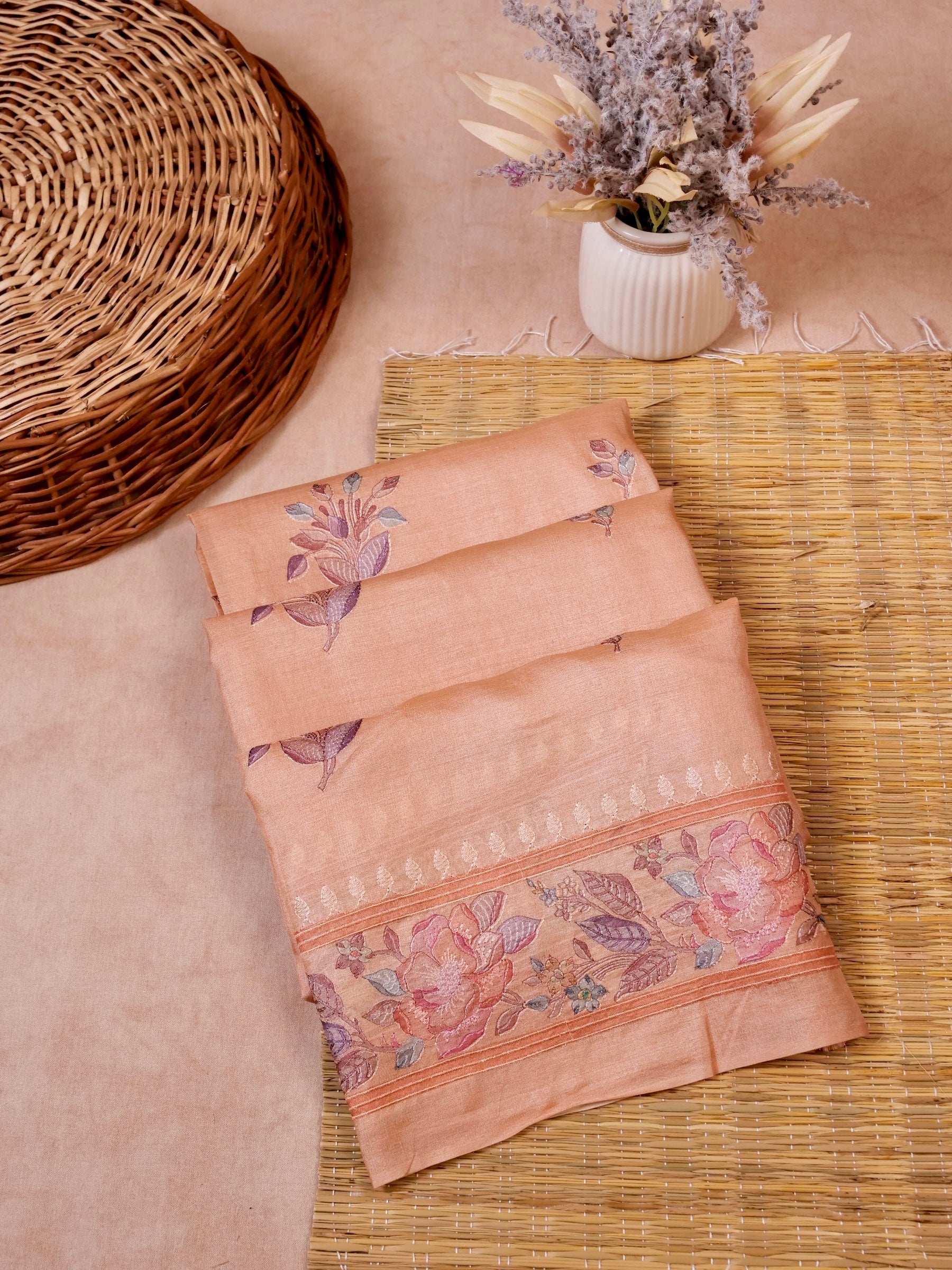 Handwoven Peach Banarasi Tussar Silk Saree