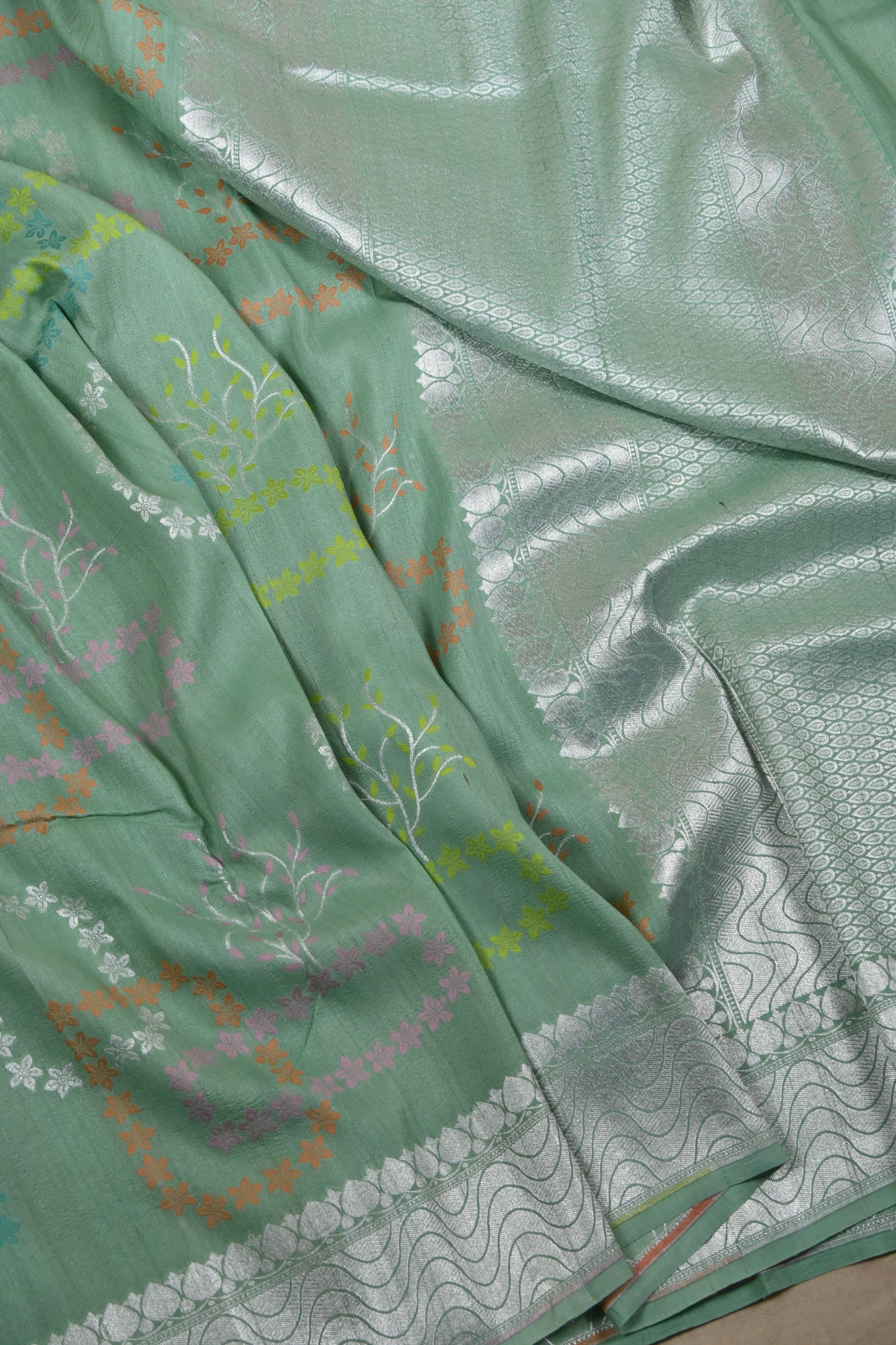 Dusty Green Pure Banarasi Tussar Georgette Saree