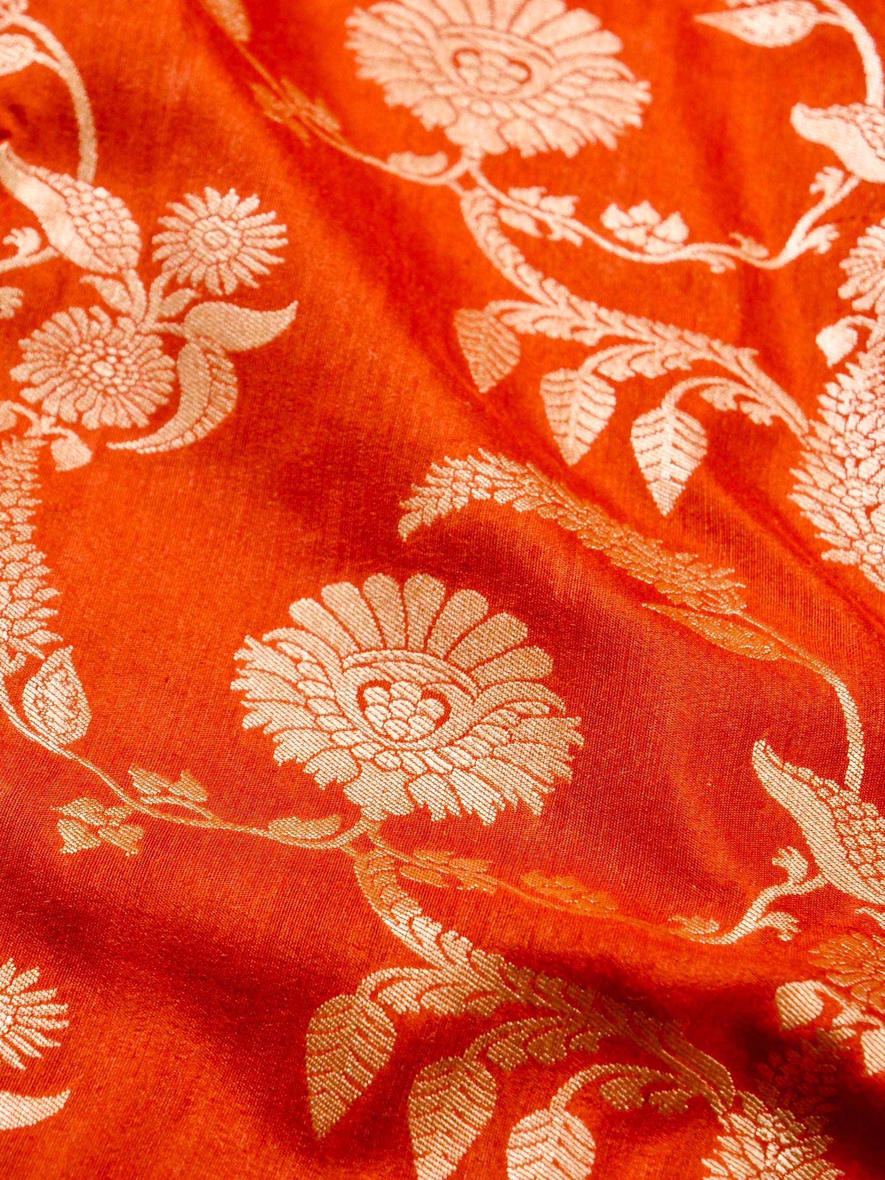 Handwoven Orange Banarasi Monga Silk Saree
