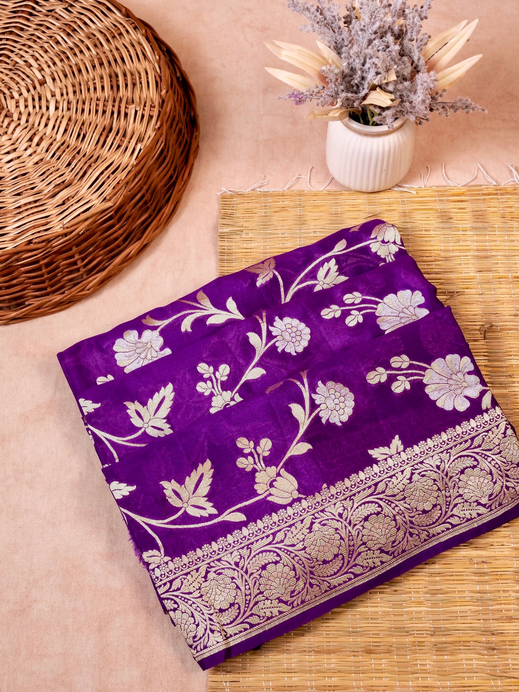 Handwoven Purple Banarasi Khaddi Silk Saree