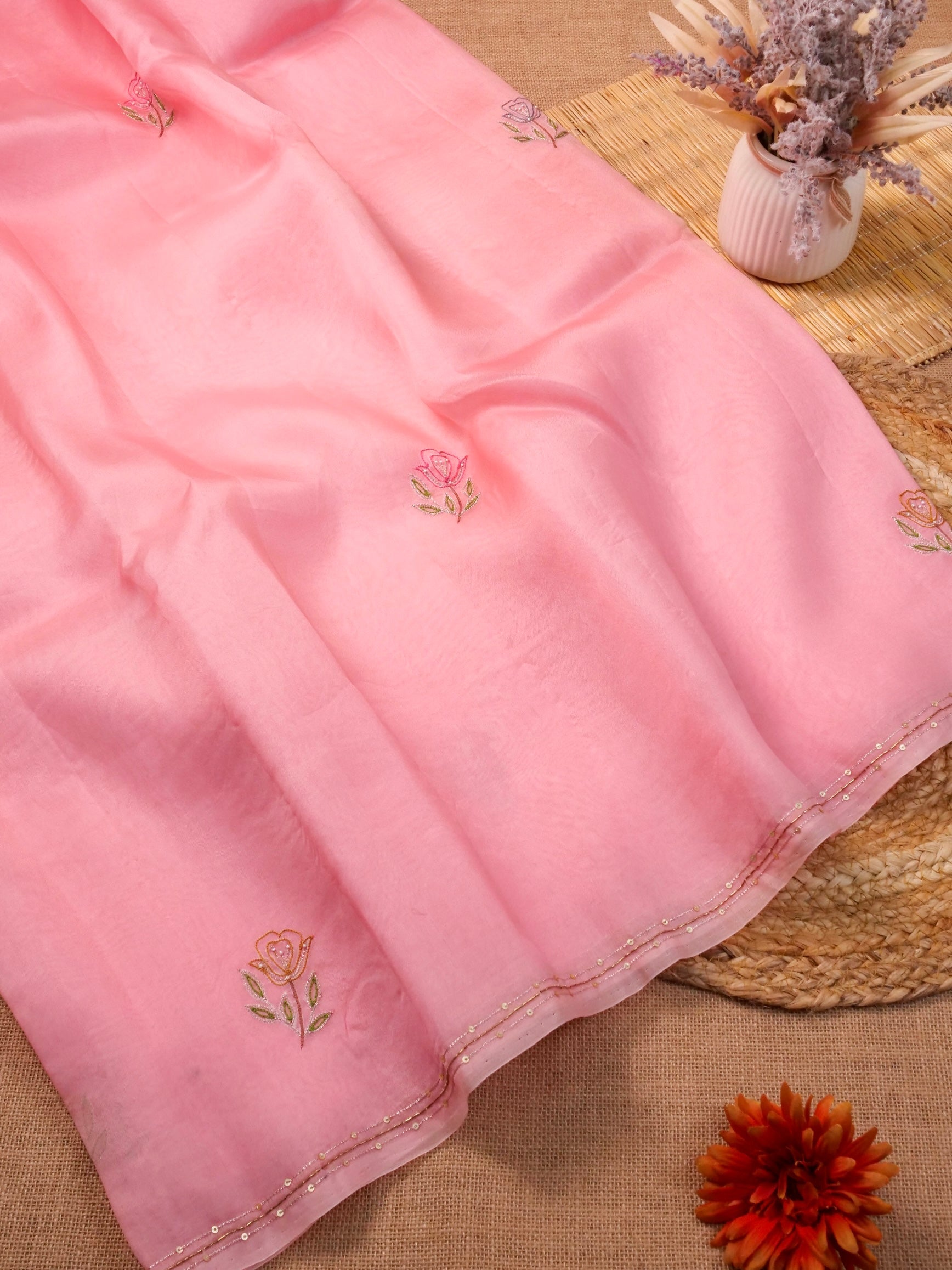 Handwoven Baby Pink Banarasi Organza Silk Saree