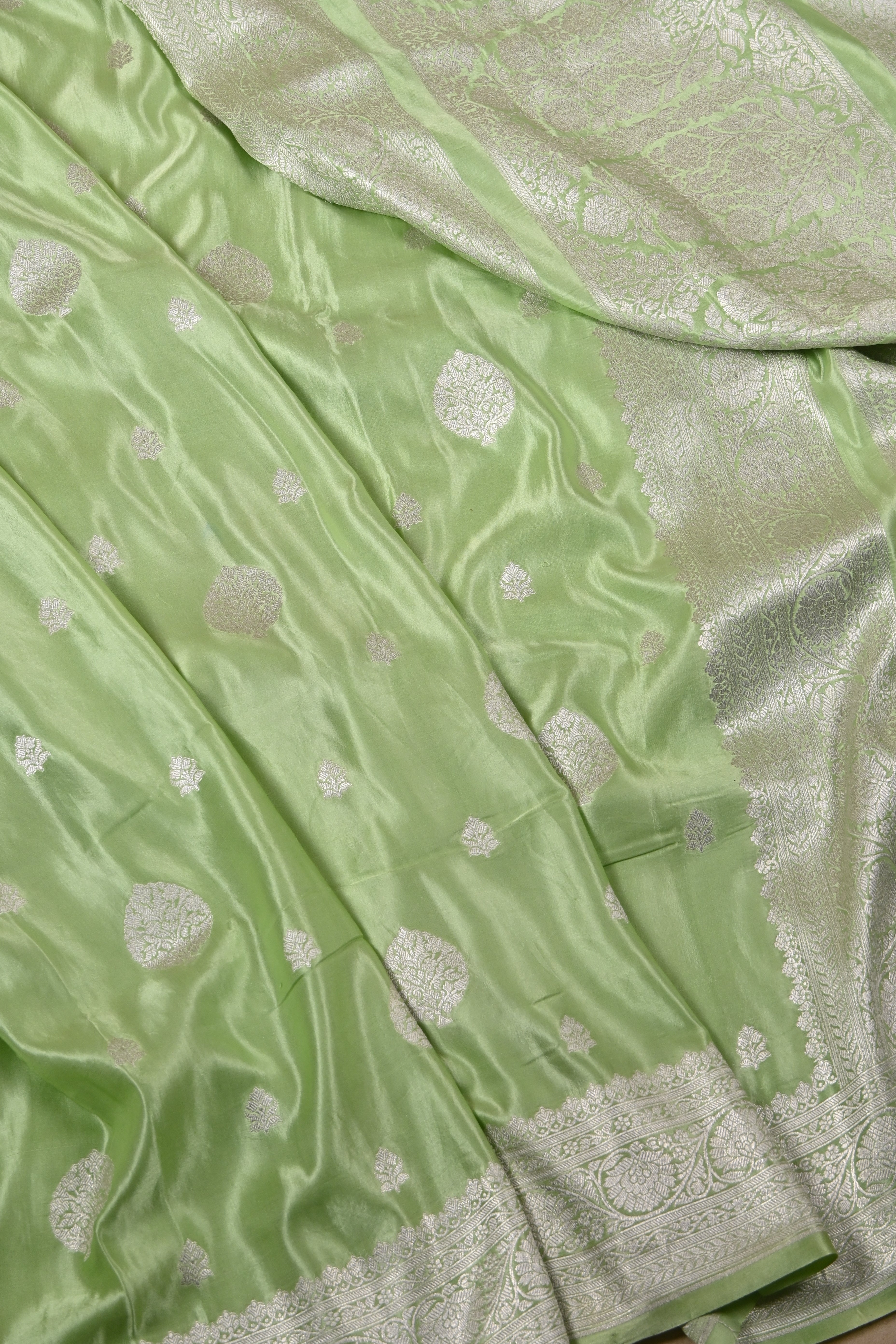 Pista Green Pure Banarasi Satin Mashru Silk Saree