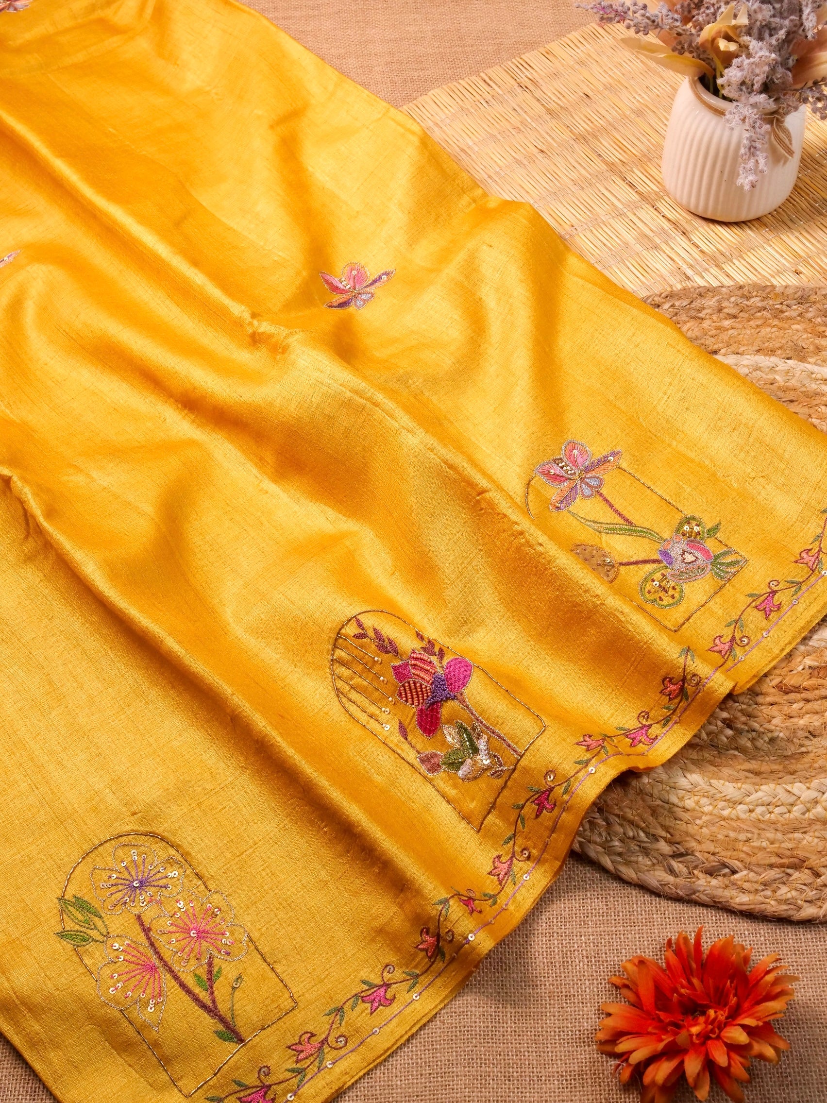 Handwoven Mustard Yellow Banarasi Tussar Silk Saree